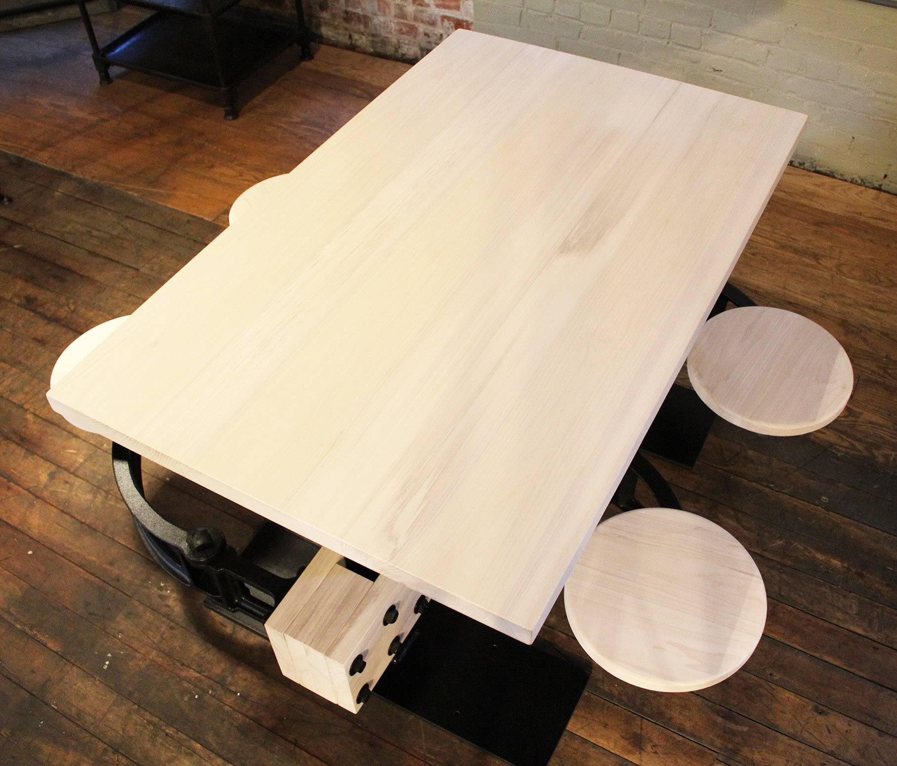 Bespoke Dining Table w Attached Seating - Kitchen Breakfast Dining, Iron & Wood  In Excellent Condition For Sale In Oakville, CT