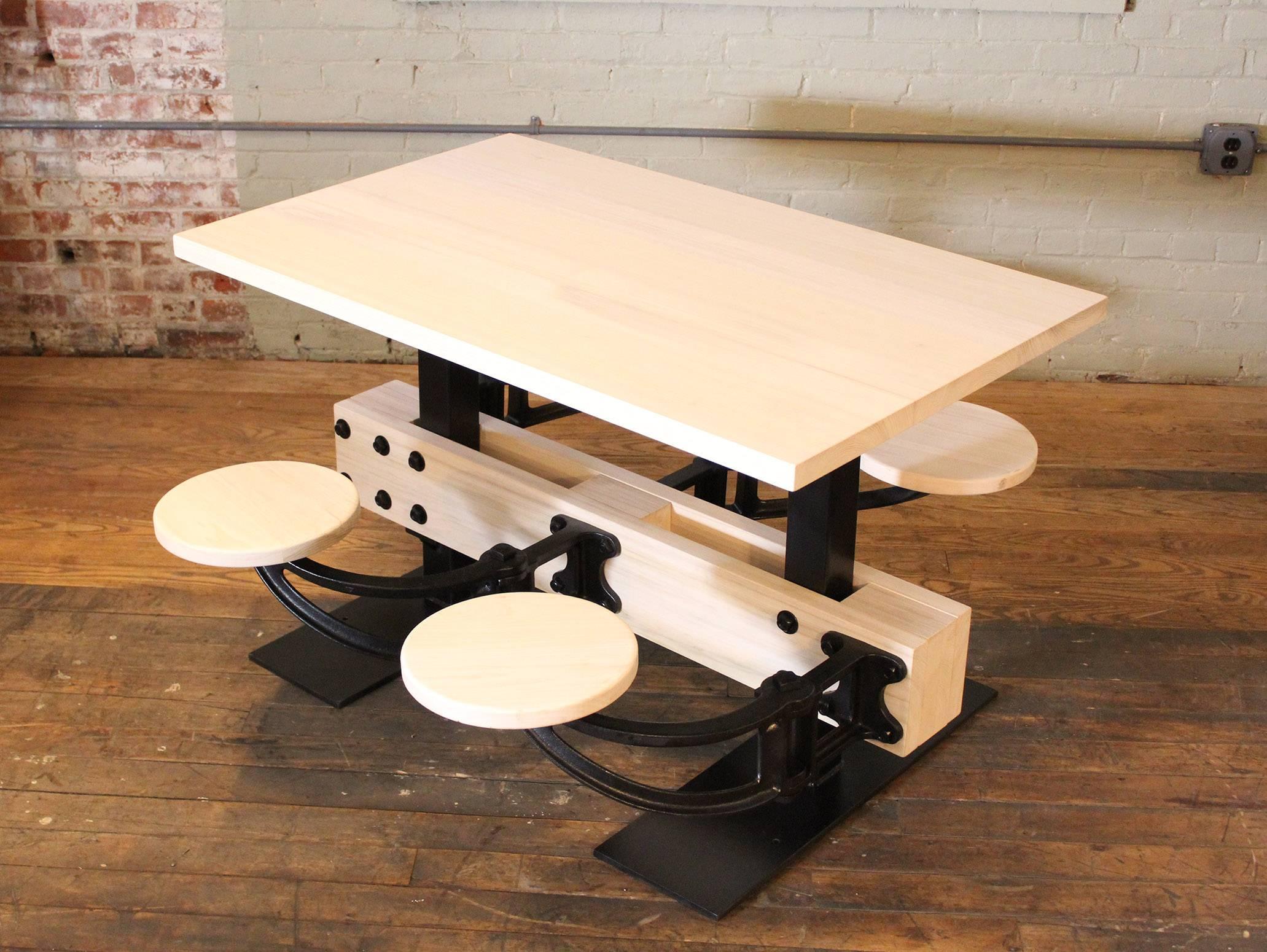 Industrial Bespoke Dining Table w Attached Seating - Kitchen Breakfast Dining, Iron & Wood  For Sale