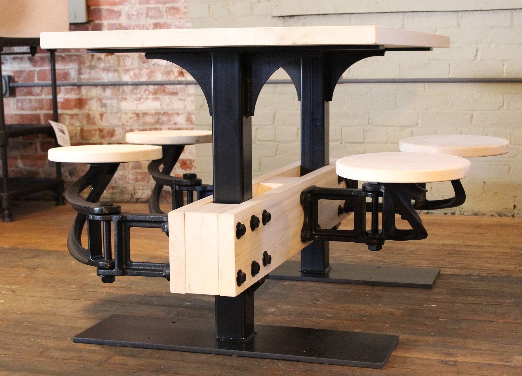 American Bespoke Dining Table w Attached Seating - Kitchen Breakfast Dining, Iron & Wood  For Sale