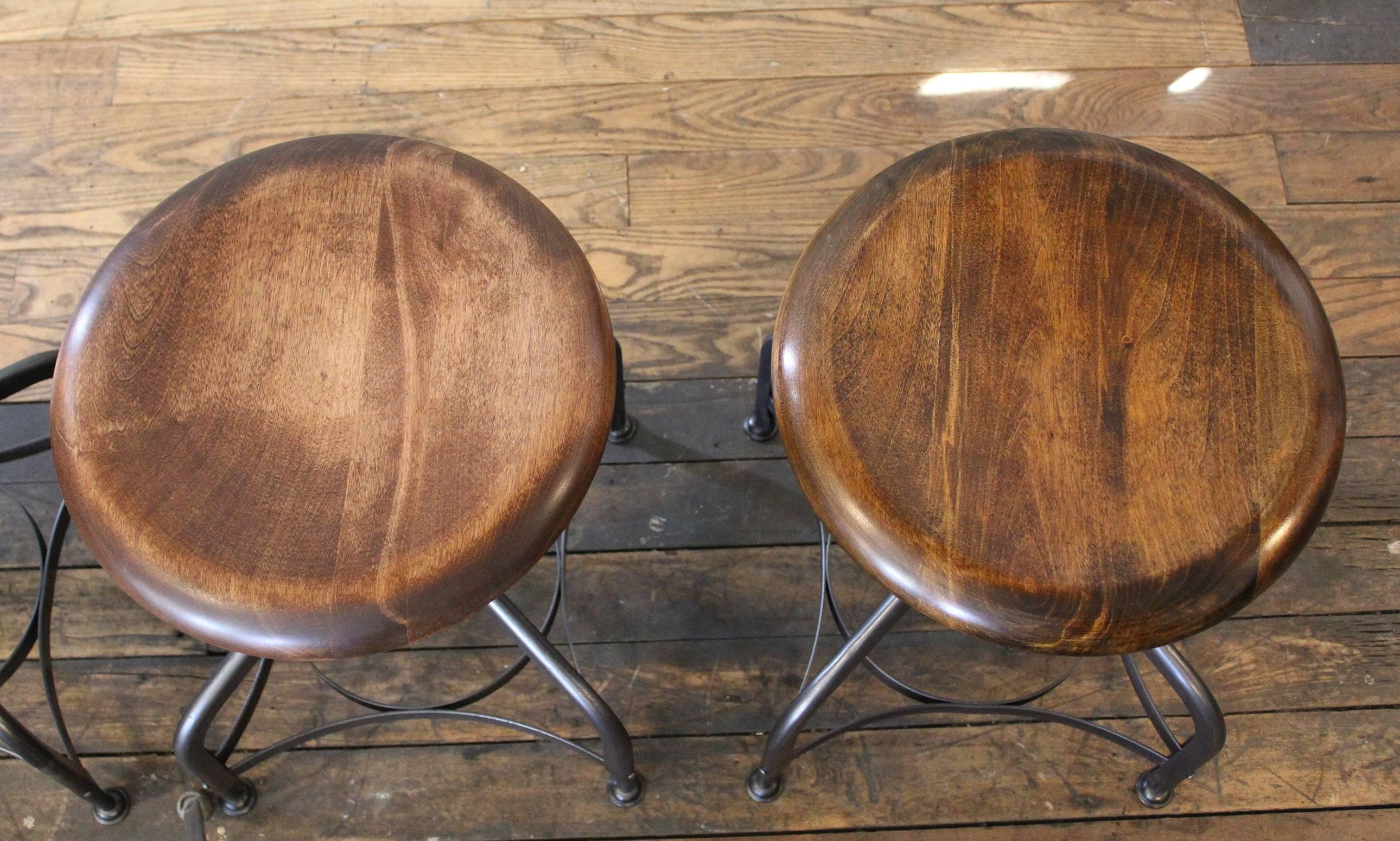 Steampunk Vintage Industrial Adjustable Toledo Wood Metal Factory Shop Stools In Excellent Condition In Oakville, CT