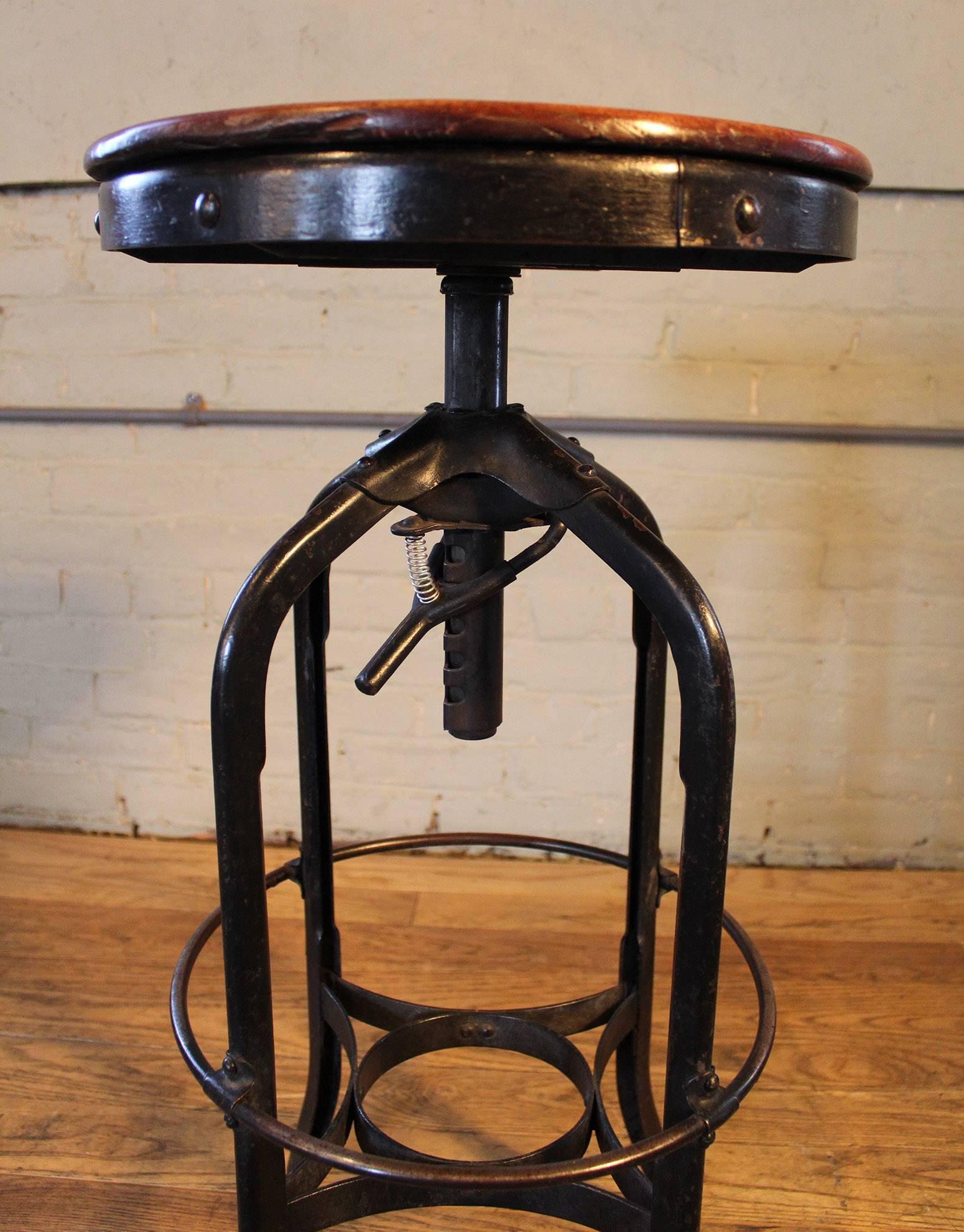 Original Vintage Industrial Toledo Backless Wood and Metal Adjustable Bar Stool 4