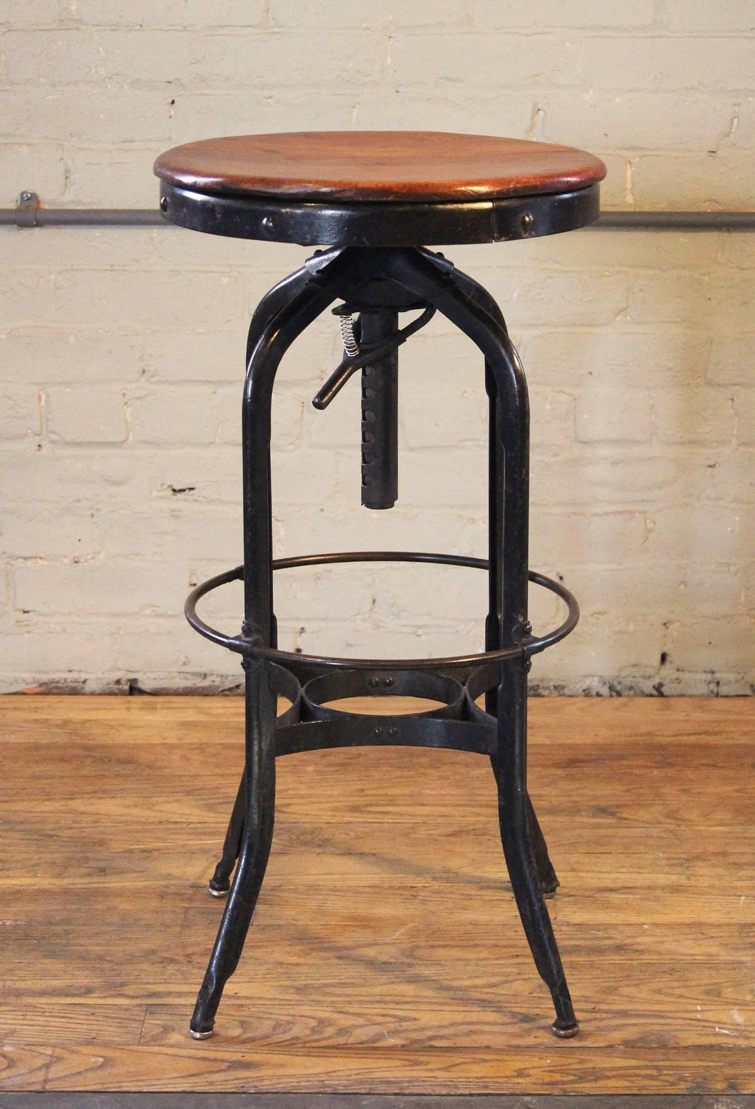 American Original Vintage Industrial Toledo Backless Wood and Metal Adjustable Bar Stool