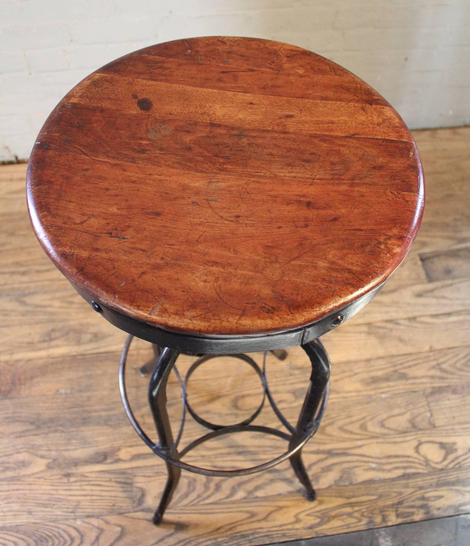 Original Vintage Industrial Toledo Backless Wood and Metal Adjustable Bar Stool In Good Condition In Oakville, CT