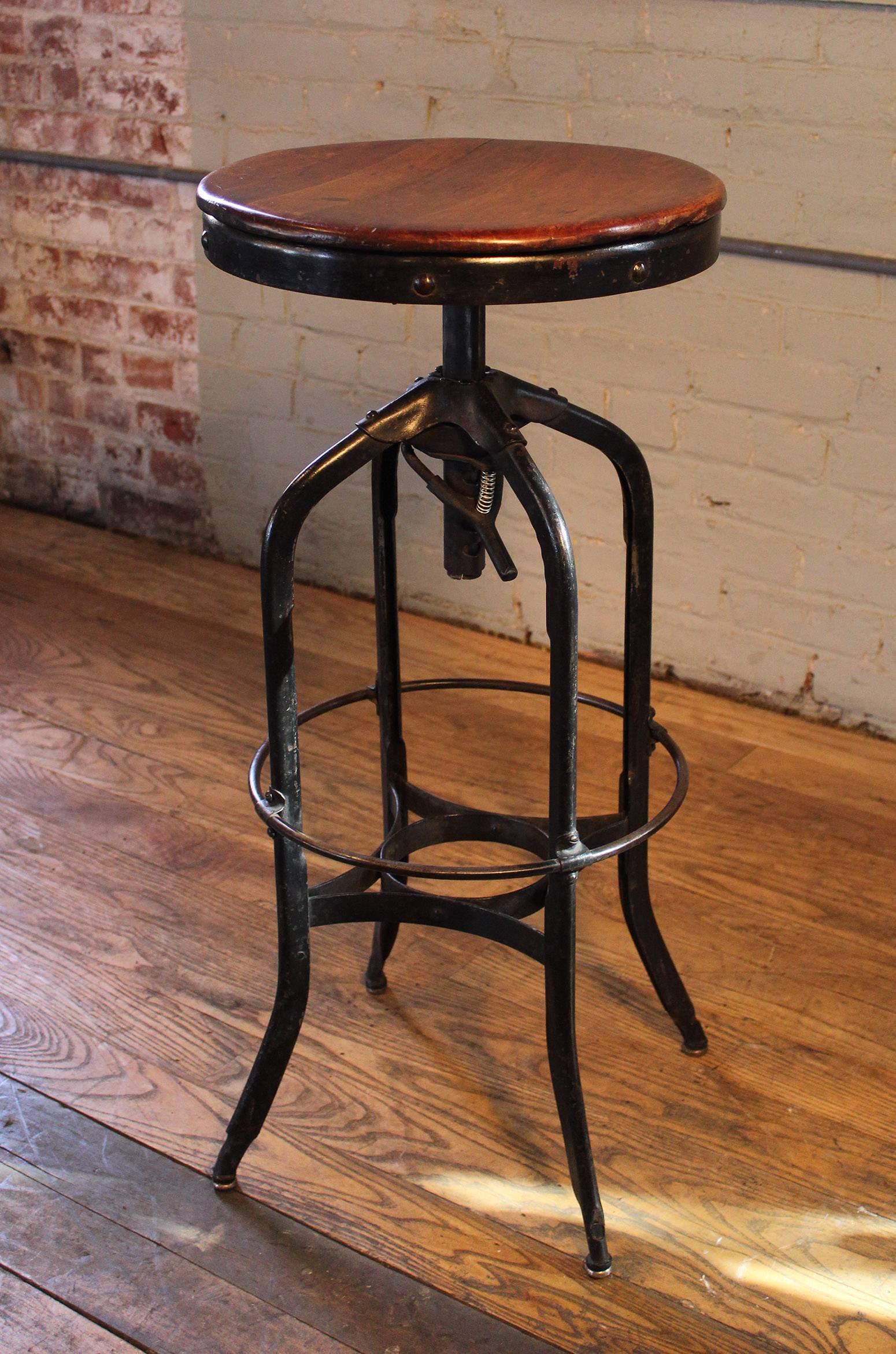 20th Century Original Vintage Industrial Toledo Backless Wood and Metal Adjustable Bar Stool