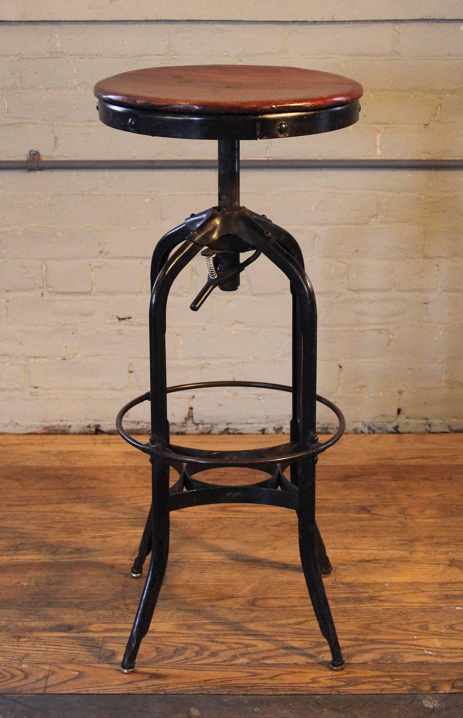 Original Vintage Industrial Toledo Backless Wood and Metal Adjustable Bar Stool 2