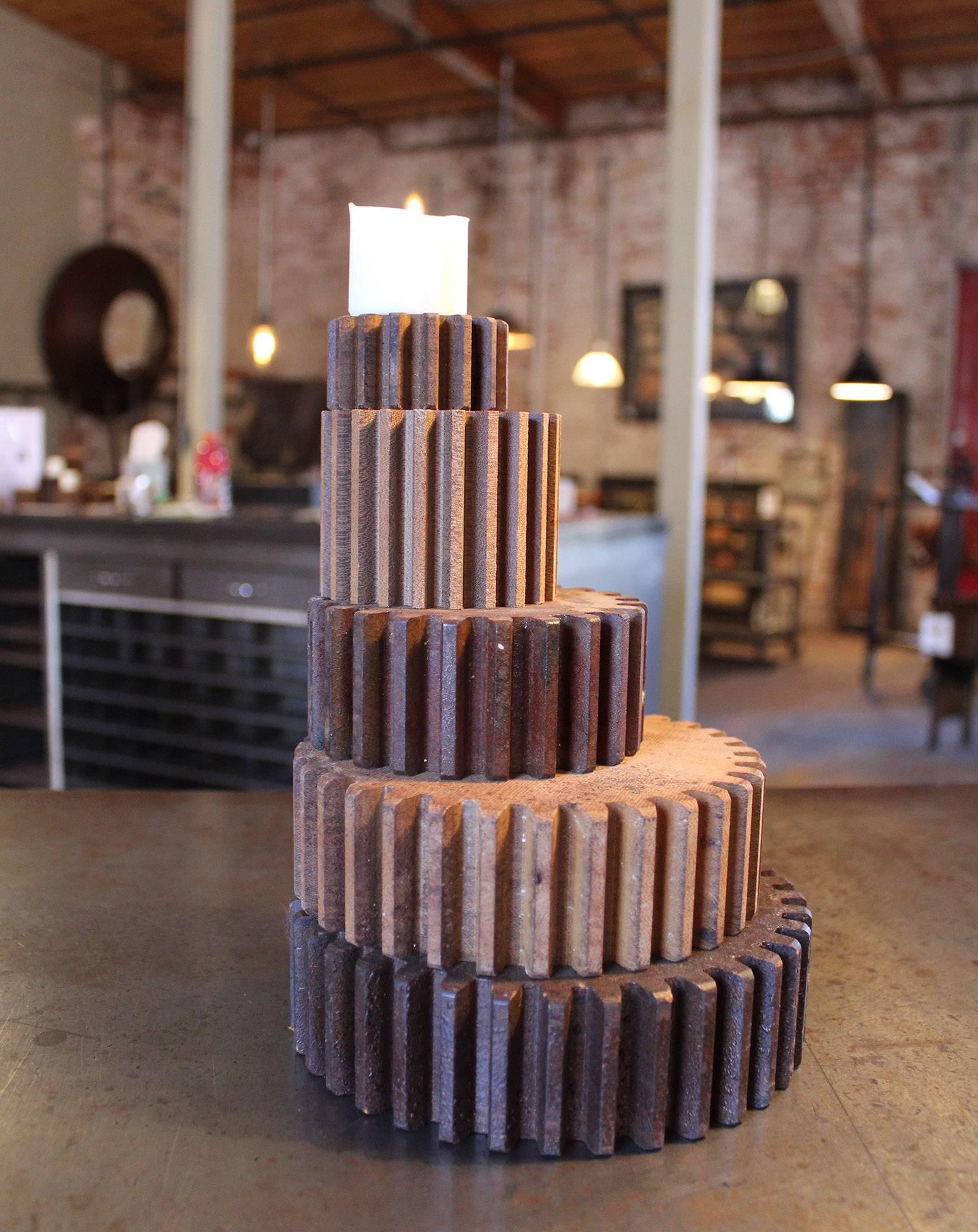 Leaning tower of vintage Industrial V2 five wood gear molds candle holder, stand.