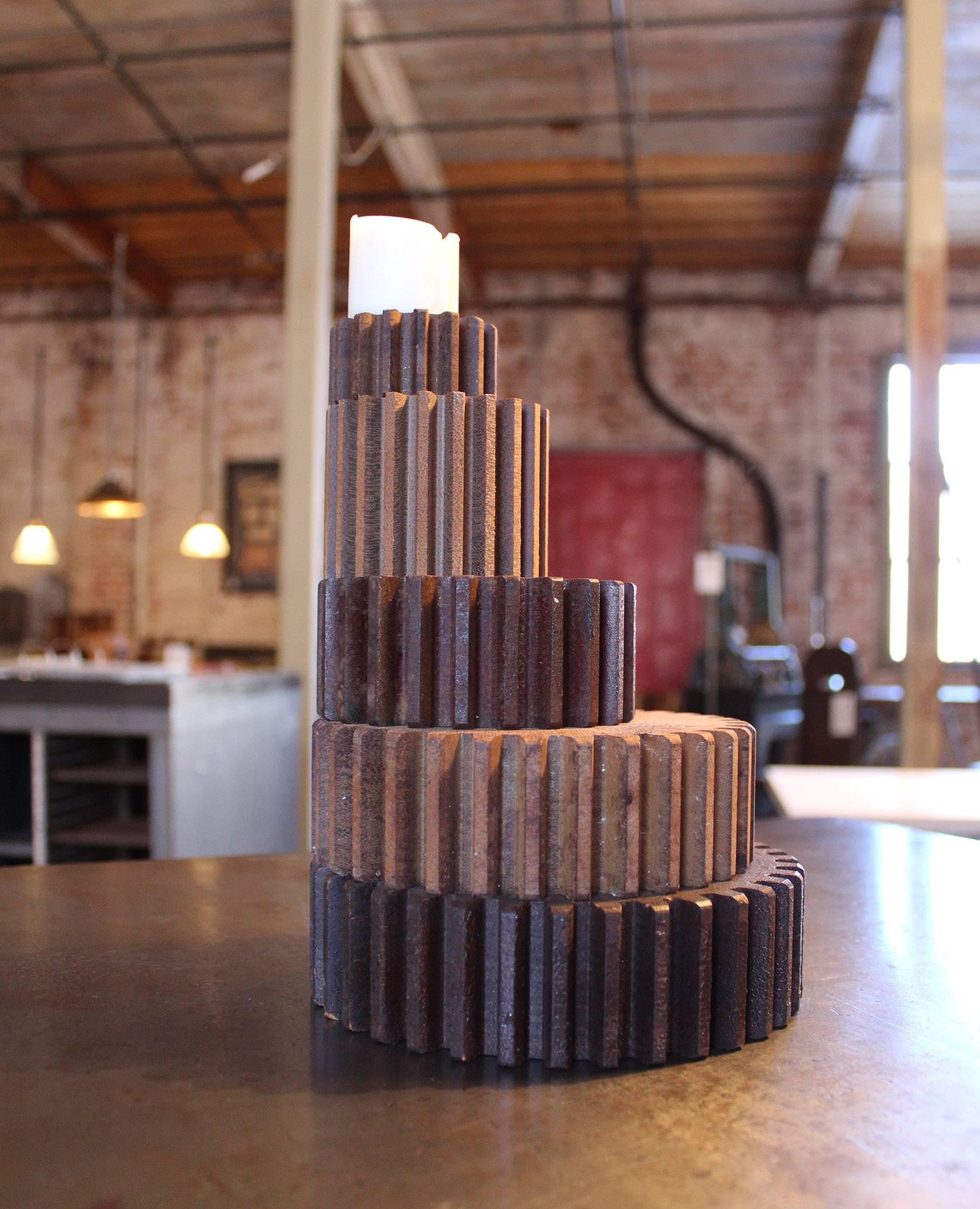 Leaning Tower of Vintage Industrial V2 Wood Gear Molds Candle Holder, Stand In Distressed Condition In Oakville, CT
