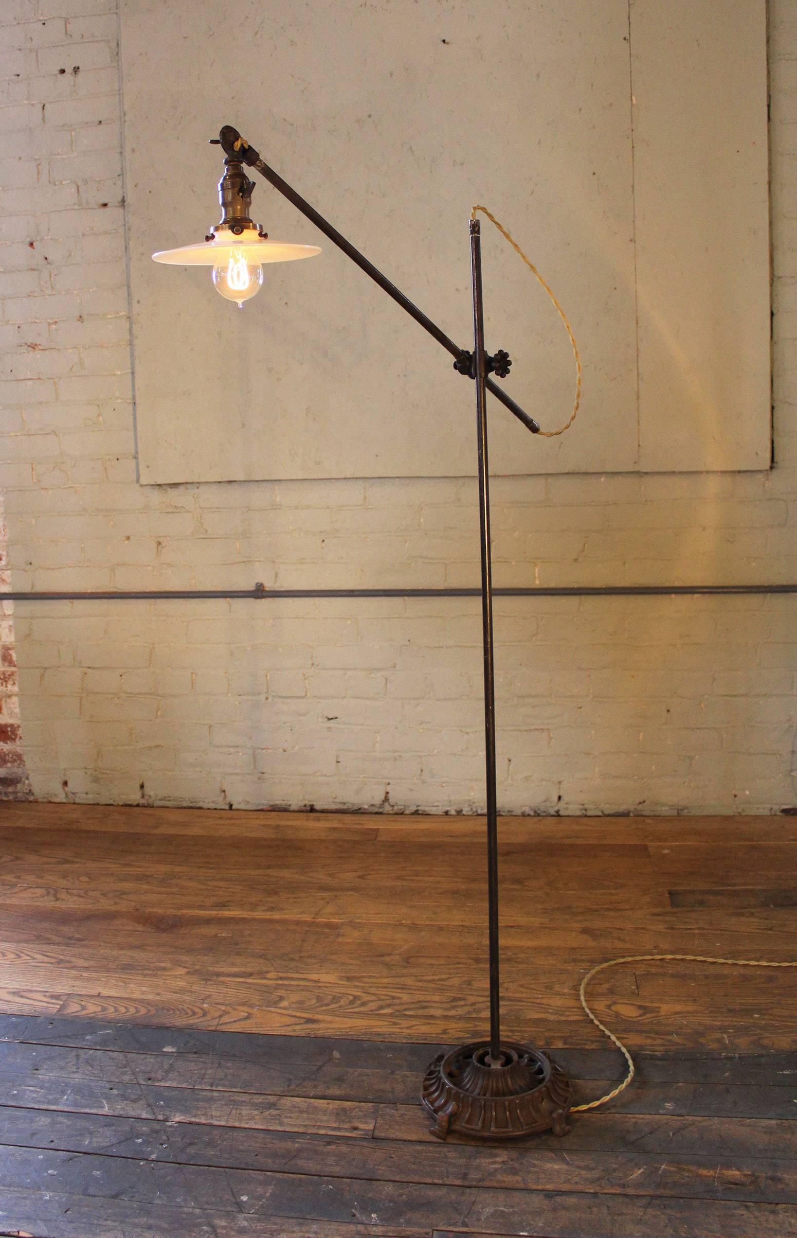 Vintage Floor Task Lamp Light Industrial Milk Glass Metal Iron Adjustable  In Distressed Condition In Oakville, CT
