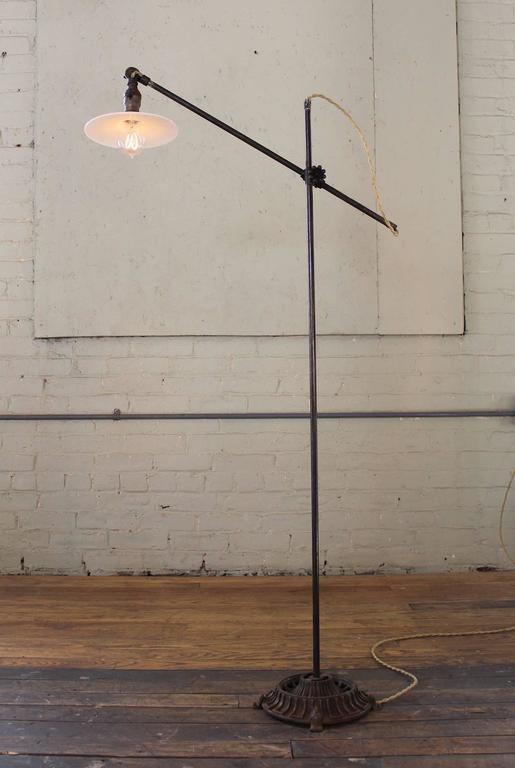 Vintage Floor Task Lamp Light Industrial Milk Glass Metal Iron Adjustable