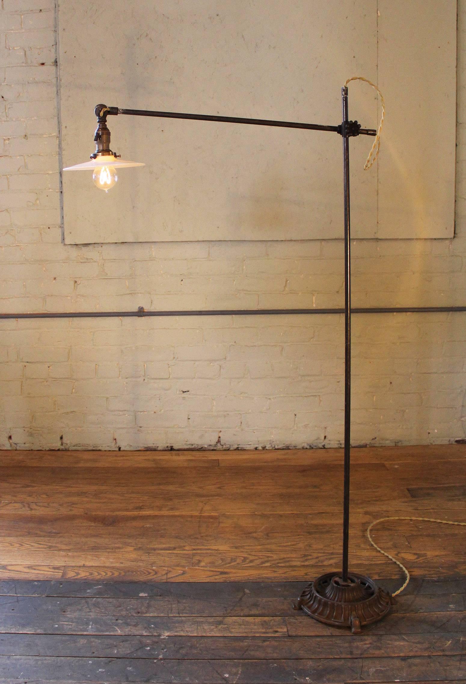 Vintage Floor Task Lamp Light Industrial Milk Glass Metal Iron Adjustable  1