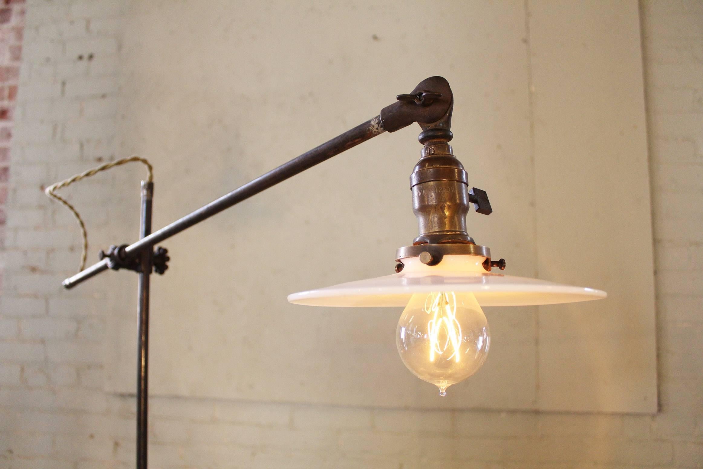 20th Century Vintage Floor Task Lamp Light Industrial Milk Glass Metal Iron Adjustable 