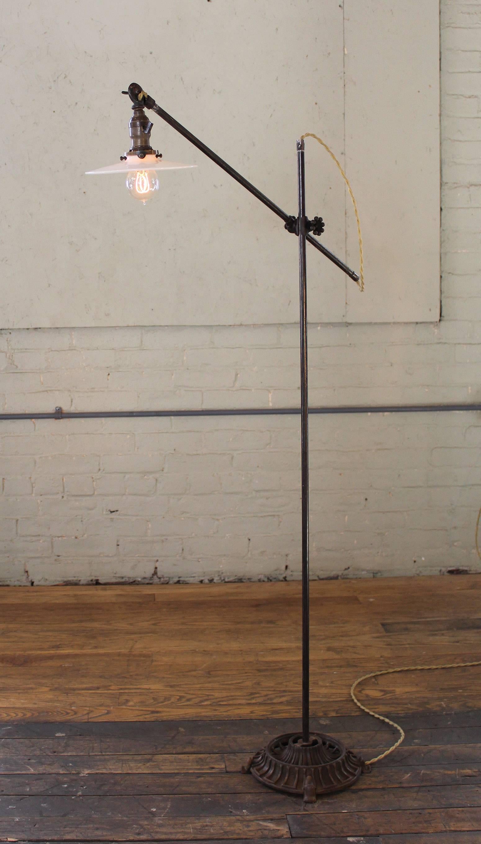 Vintage Floor Task Lamp Light Industrial Milk Glass Metal Iron