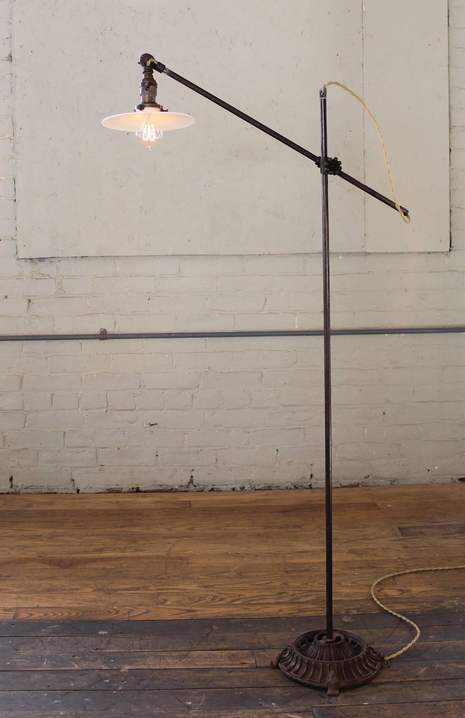 Vintage Floor Task Lamp Light Industrial Milk Glass Metal Iron Adjustable  3