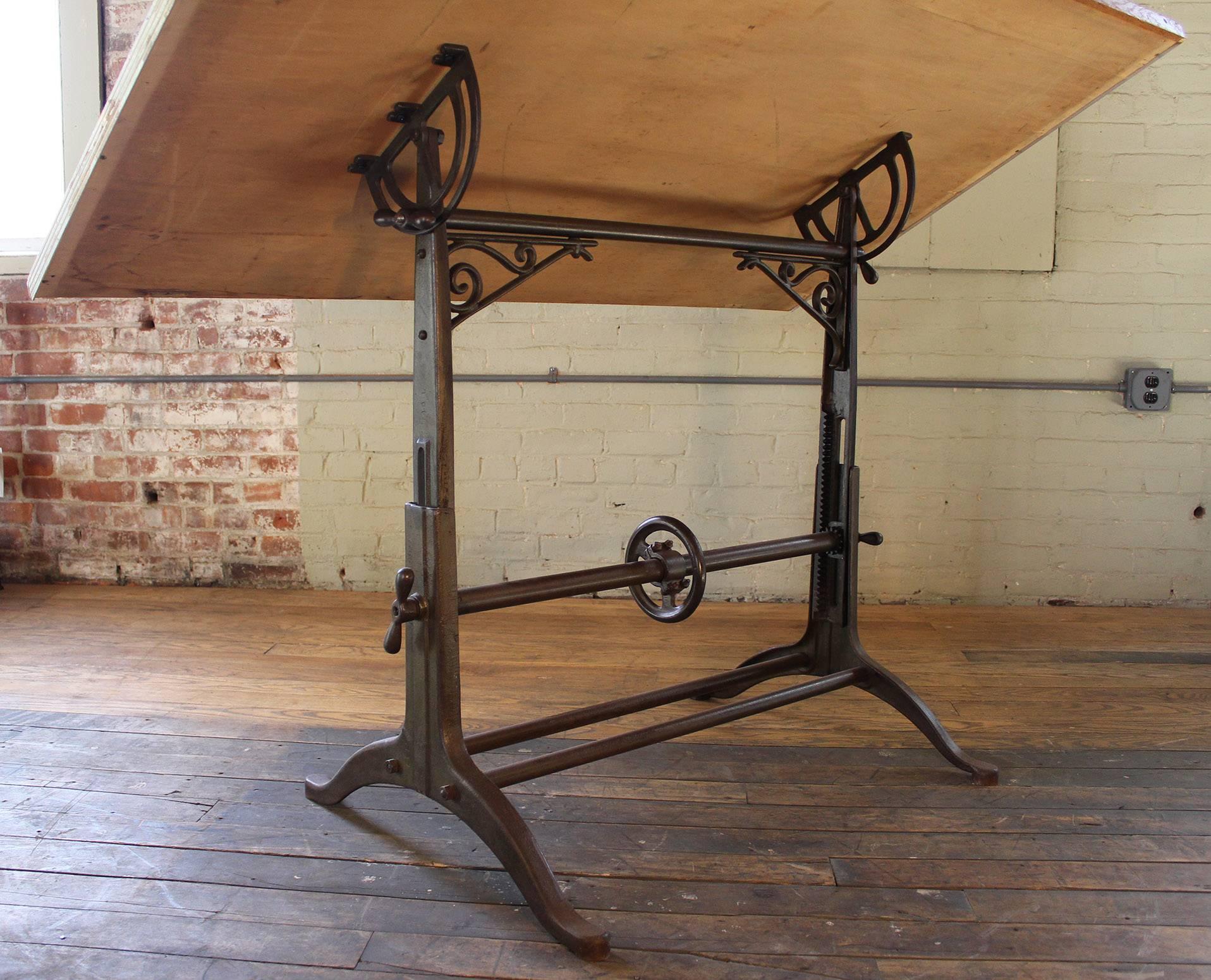 Drafting Table Antique  Ornate Vintage Industrial Tilt-Top Cast Iron and Wood In Good Condition In Oakville, CT