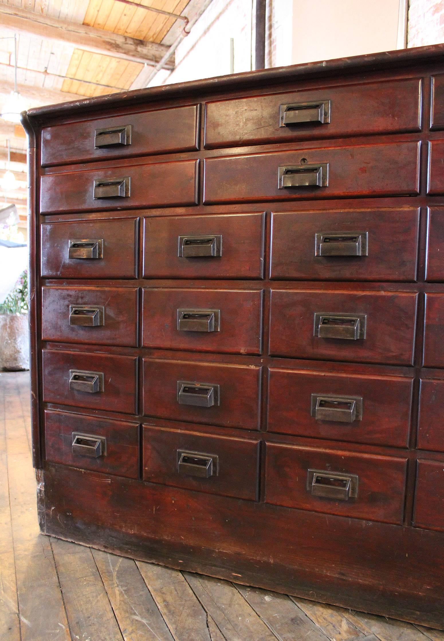 Apothecary Cabinet Vintage Industrial Wood Hardware Multi Drawer Storage Counter In Distressed Condition In Oakville, CT