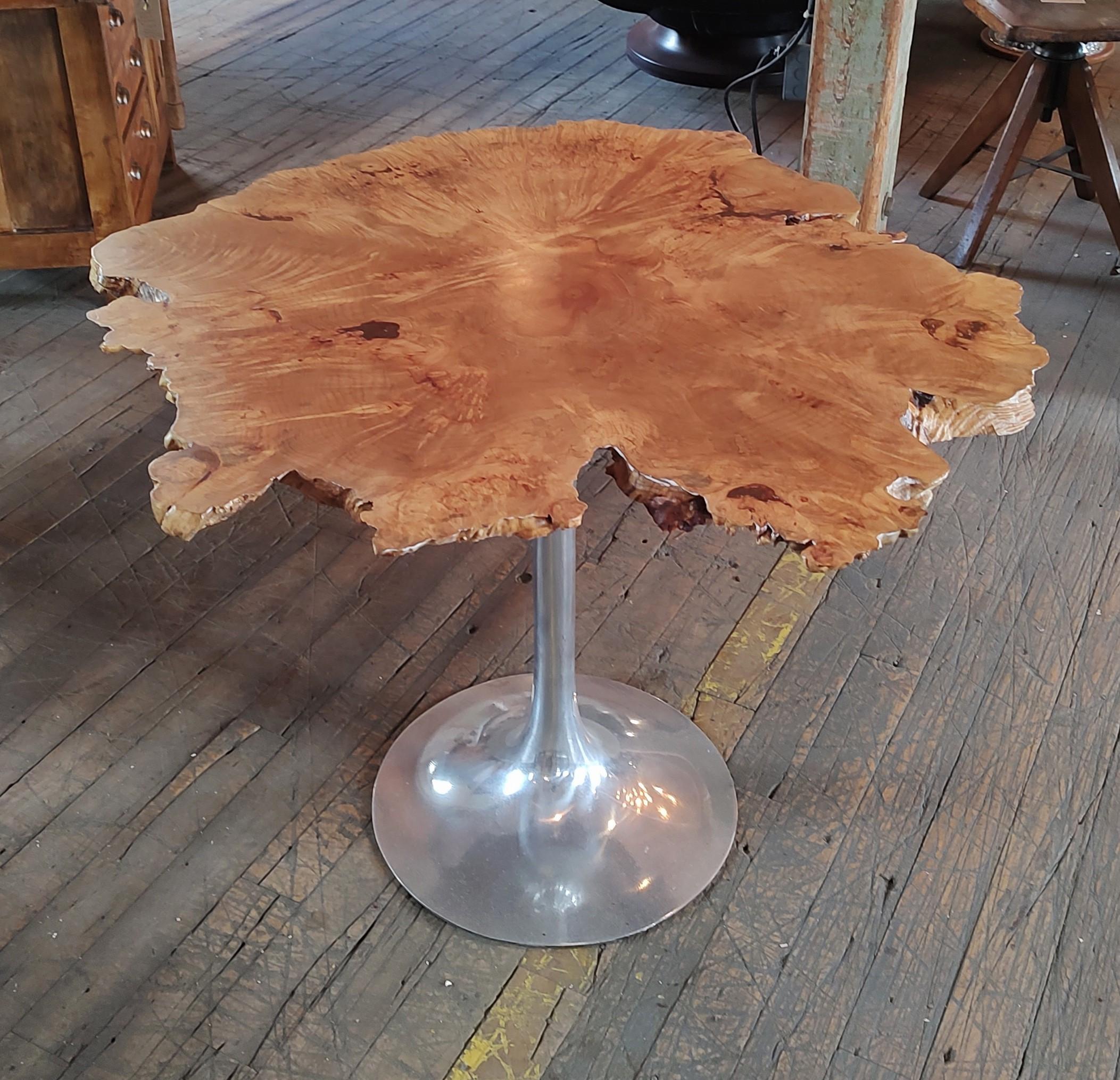 Free Form Live Edge Modern Burl Maple Table with Aluminum Tulip Base

Overall Dimensions: 40