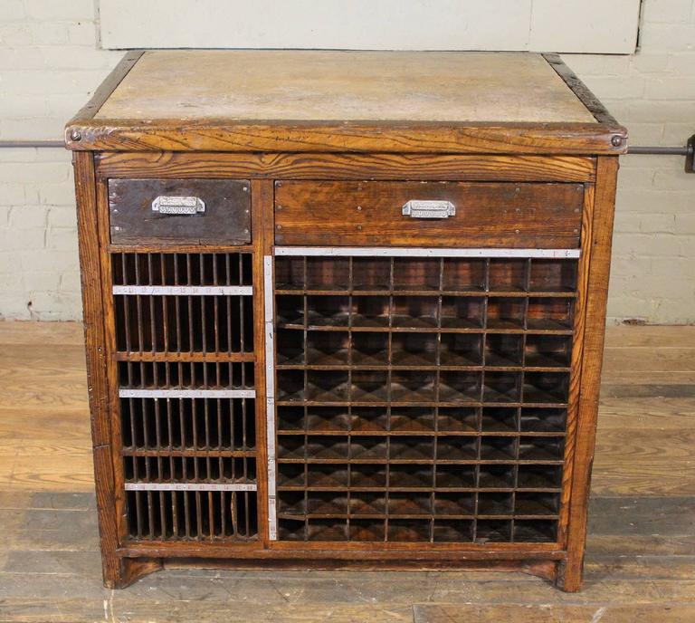 Industrial Marble Top Wooden Table Counter Storage Parts Cabinet Industrial Marble Top Wooden Table Counter Storage Parts Cabinet Cubby Holes In Good Condition For