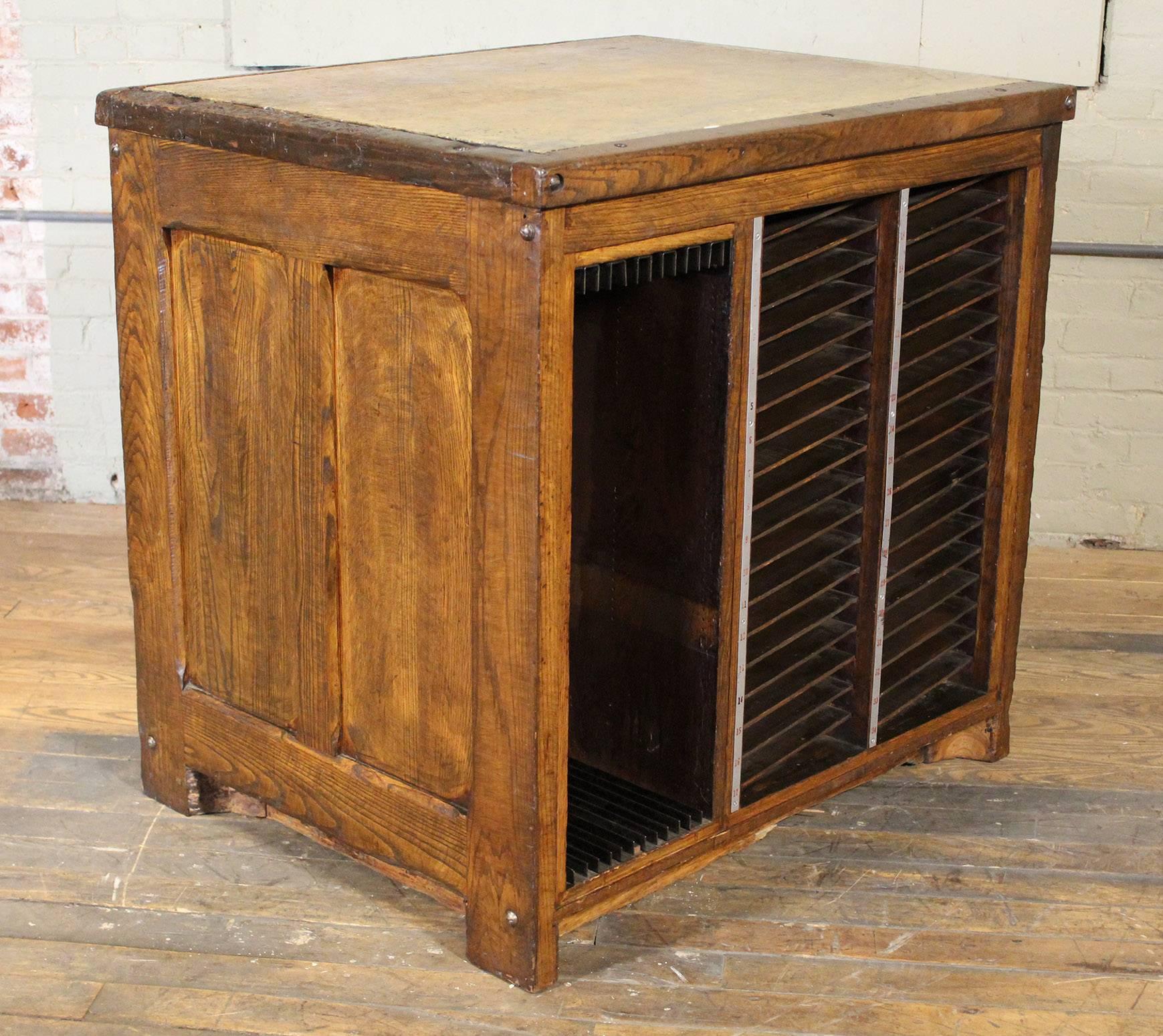 Industrial Marble-Top Wooden Table Counter Storage Parts Cabinet Cubby Holes In Good Condition In Oakville, CT