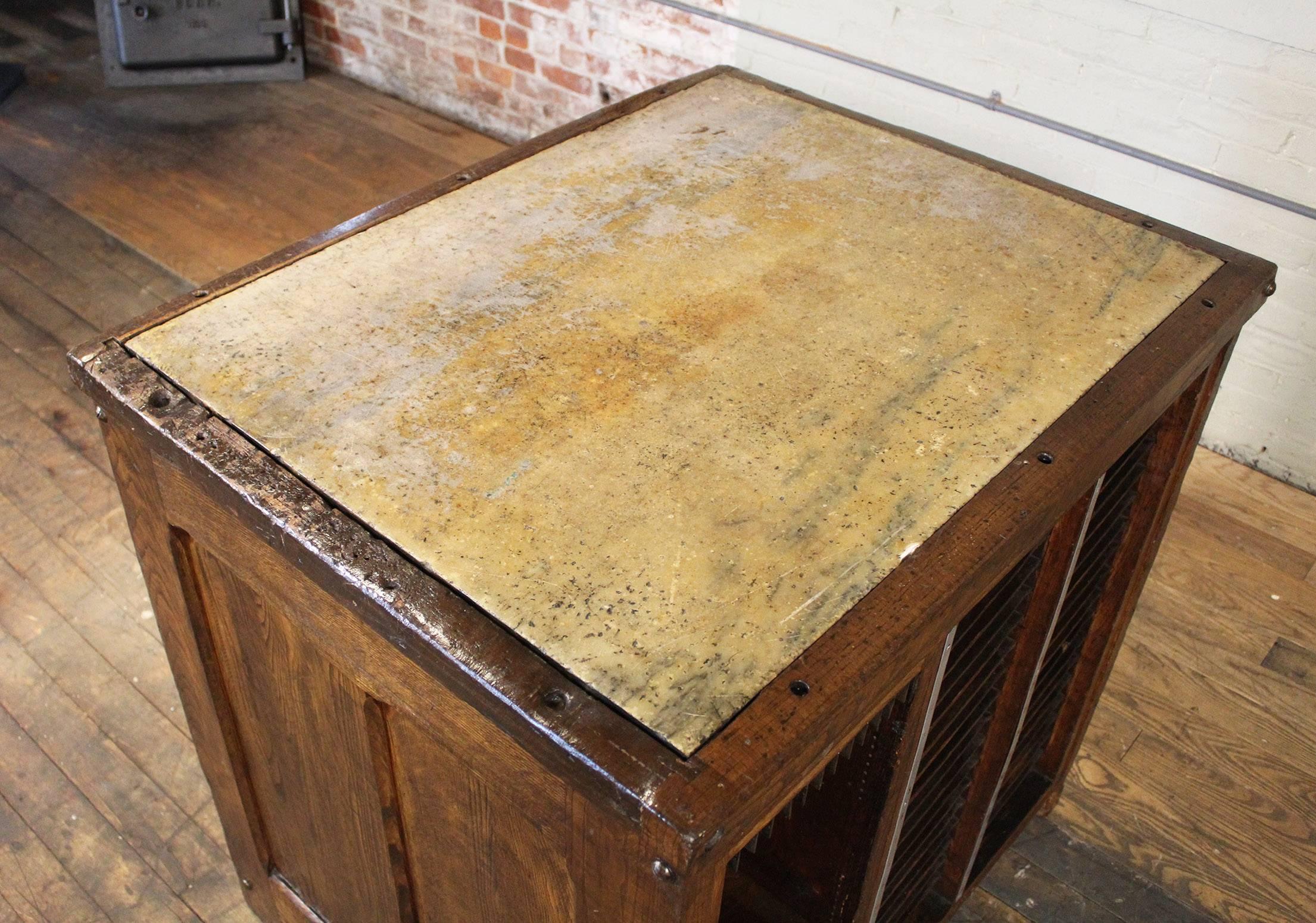 20th Century Industrial Marble-Top Wooden Table Counter Storage Parts Cabinet Cubby Holes