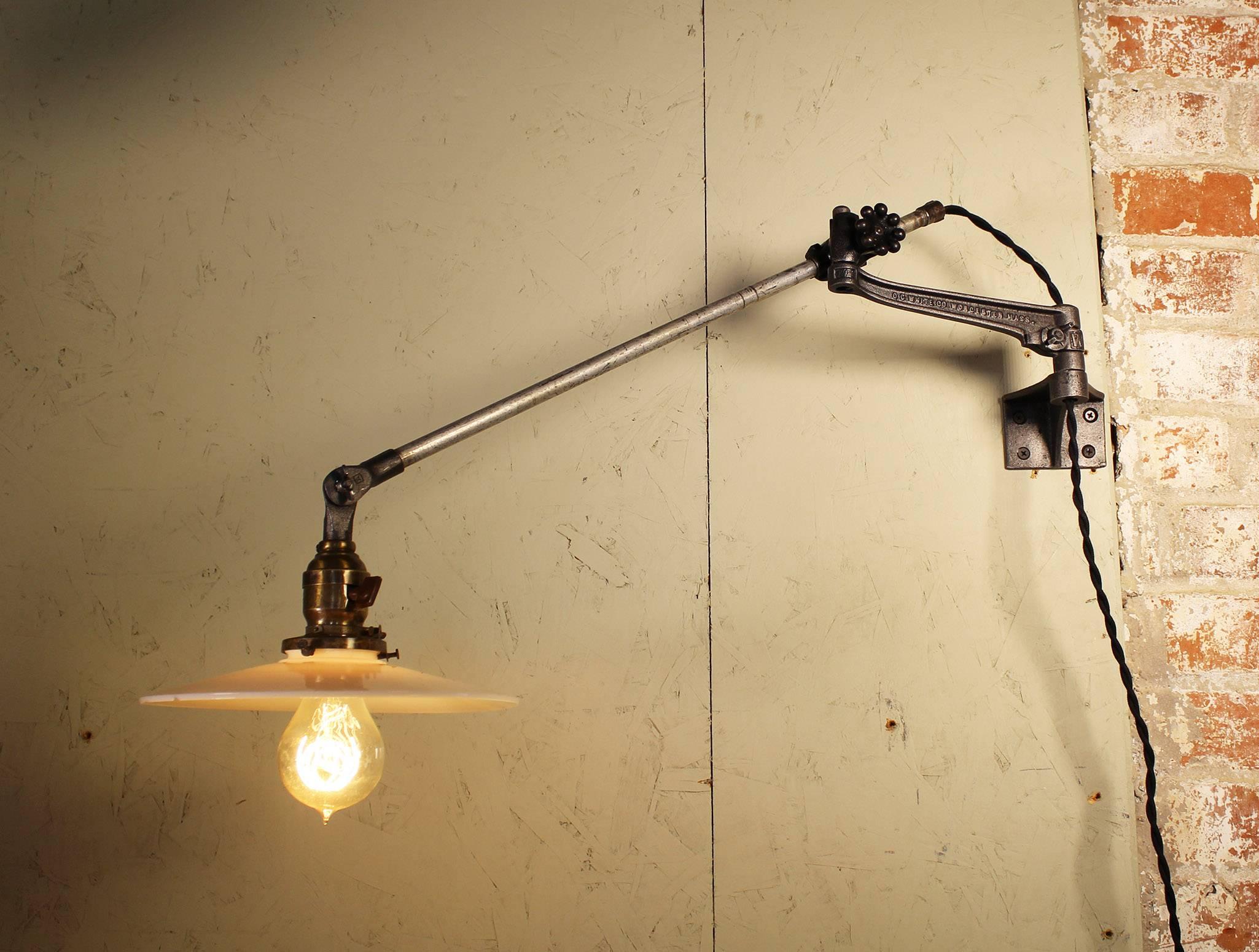 20th Century Pair of Vintage Industrial Milk Glass O.C. White Wall Task Lamps, Lights Edison