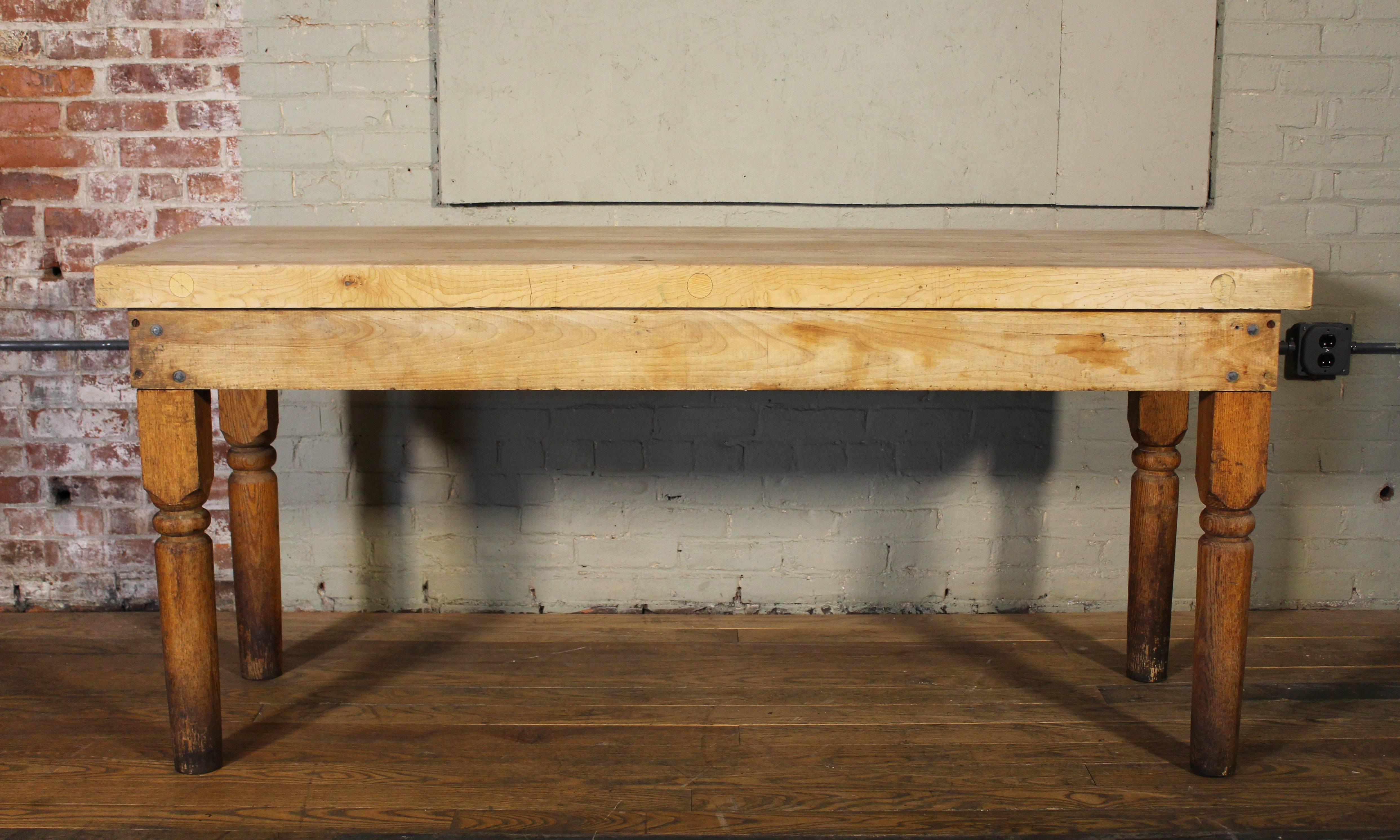 Vintage Wooden Turned Leg Large Butcher Block Tall Table In Distressed Condition In Oakville, CT