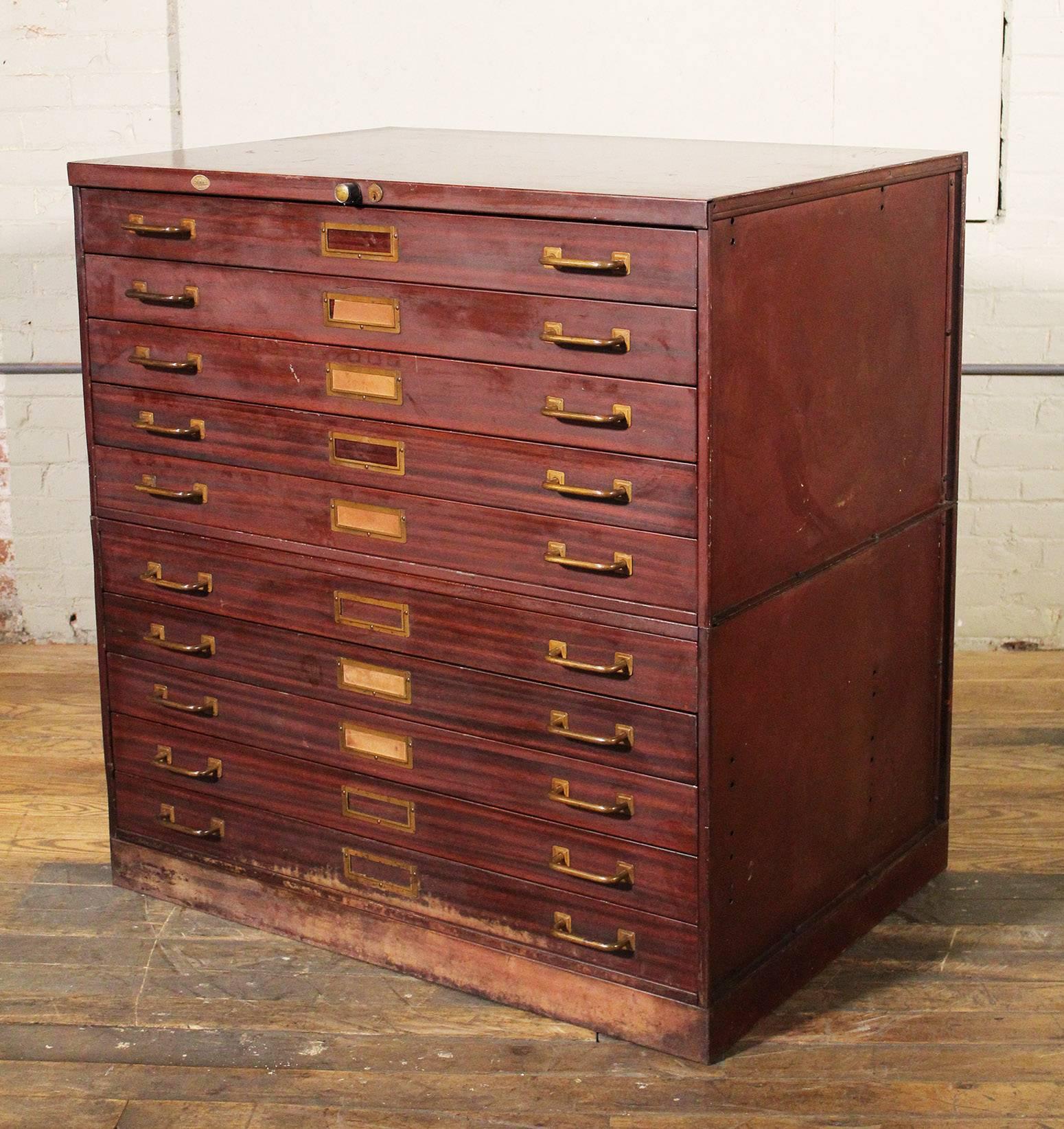 Industrial Vintage Art Metal Flat File Storage Cabinet with Brass Hardware