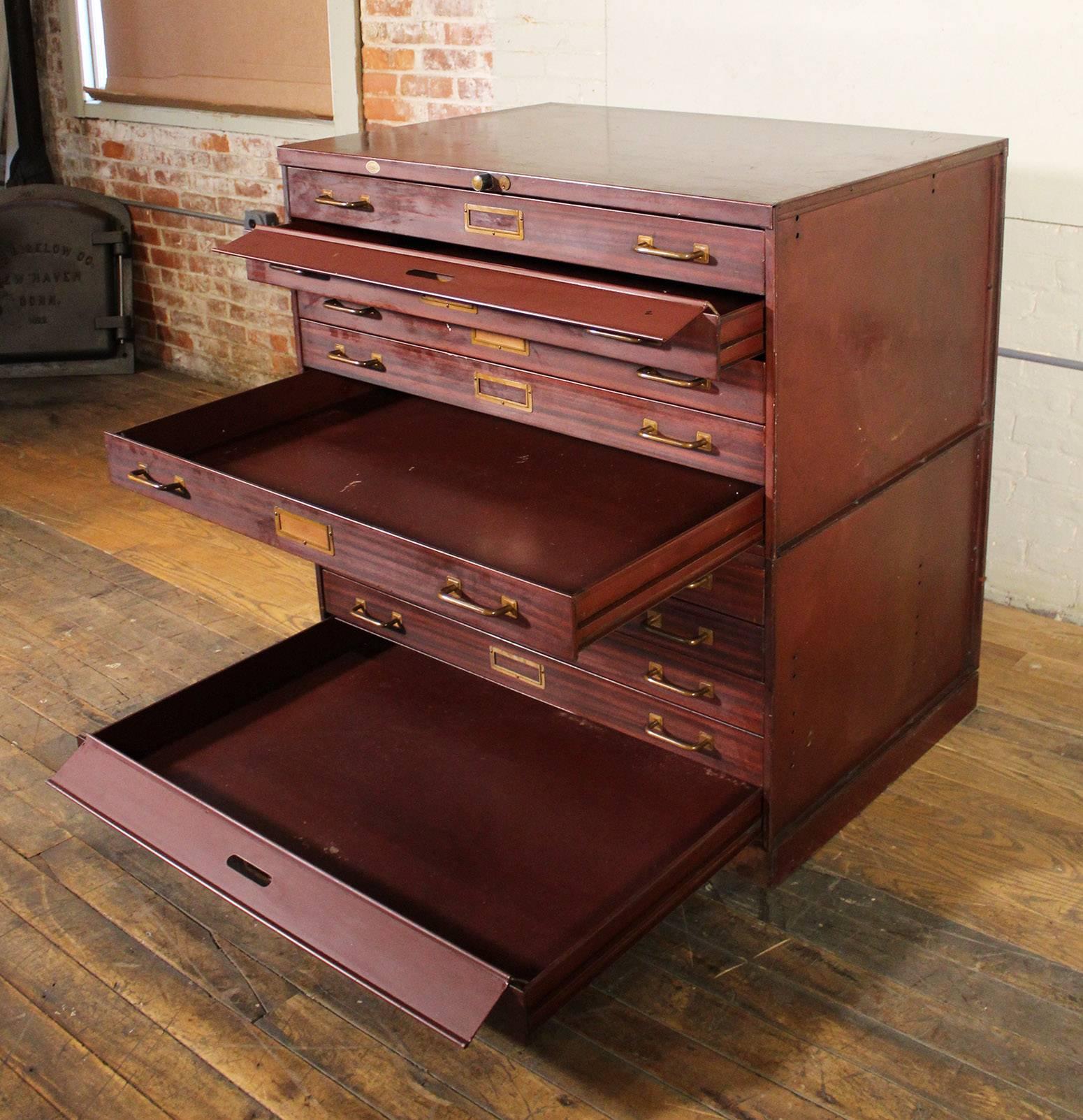 American Vintage Art Metal Flat File Storage Cabinet with Brass Hardware