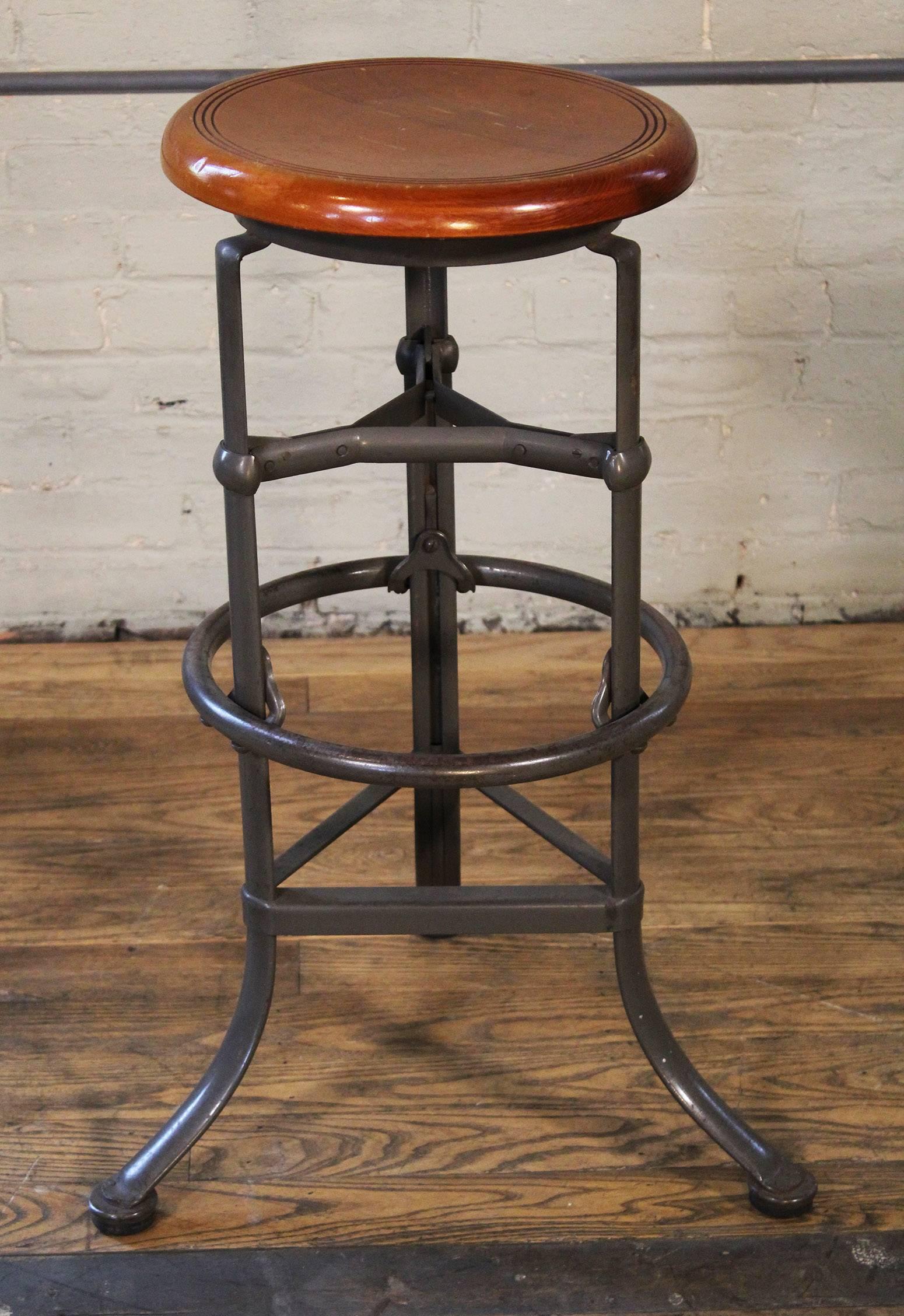 Mid-Century Modern Backless Bar Stool Wood and Metal Adjustable Vintage Industrial Bar Shop 