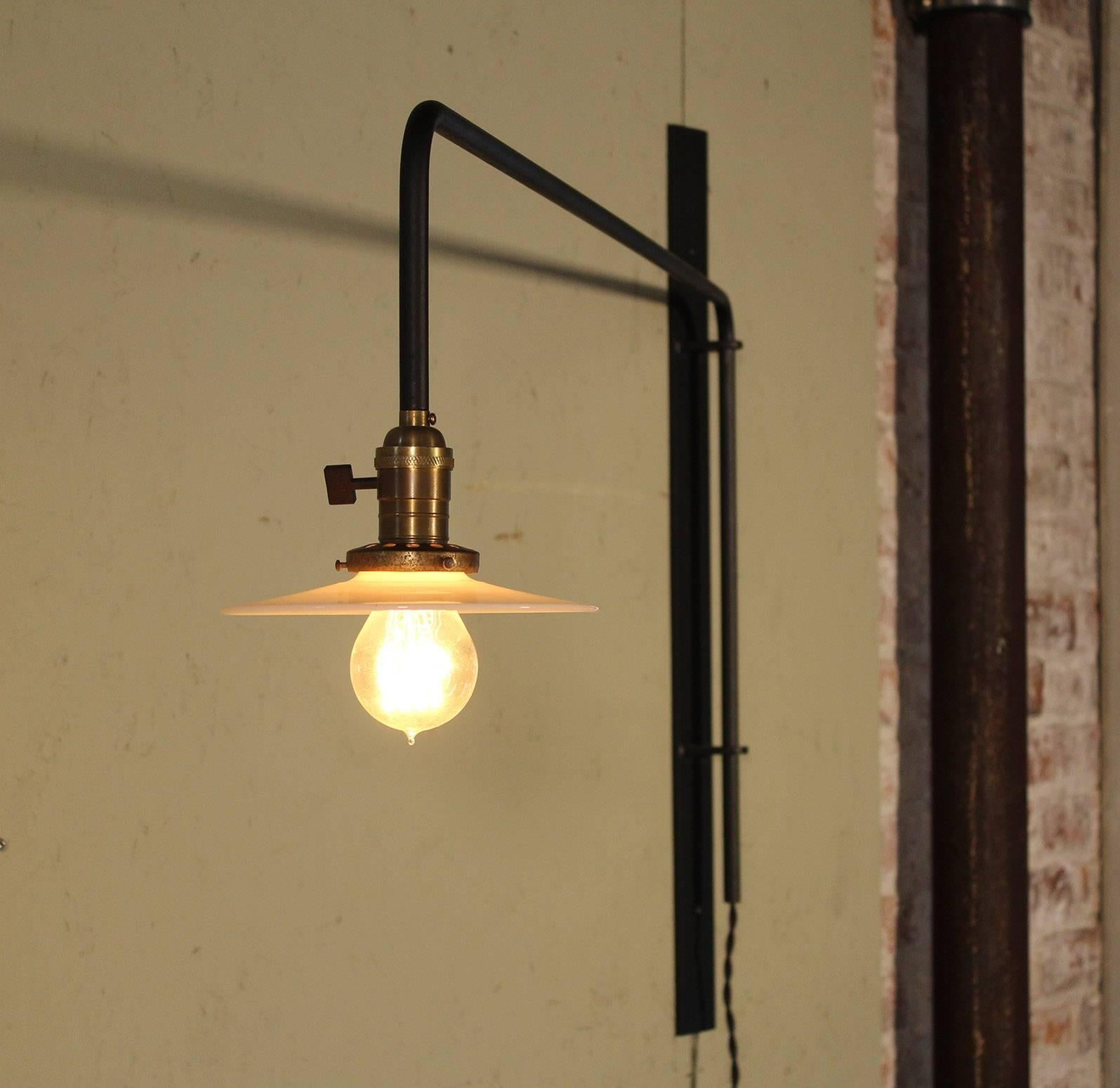 Mid-Century Modern Wall Sconce Lamp Light Swing Out Steel Milk Glass Shade with Edison Bulb