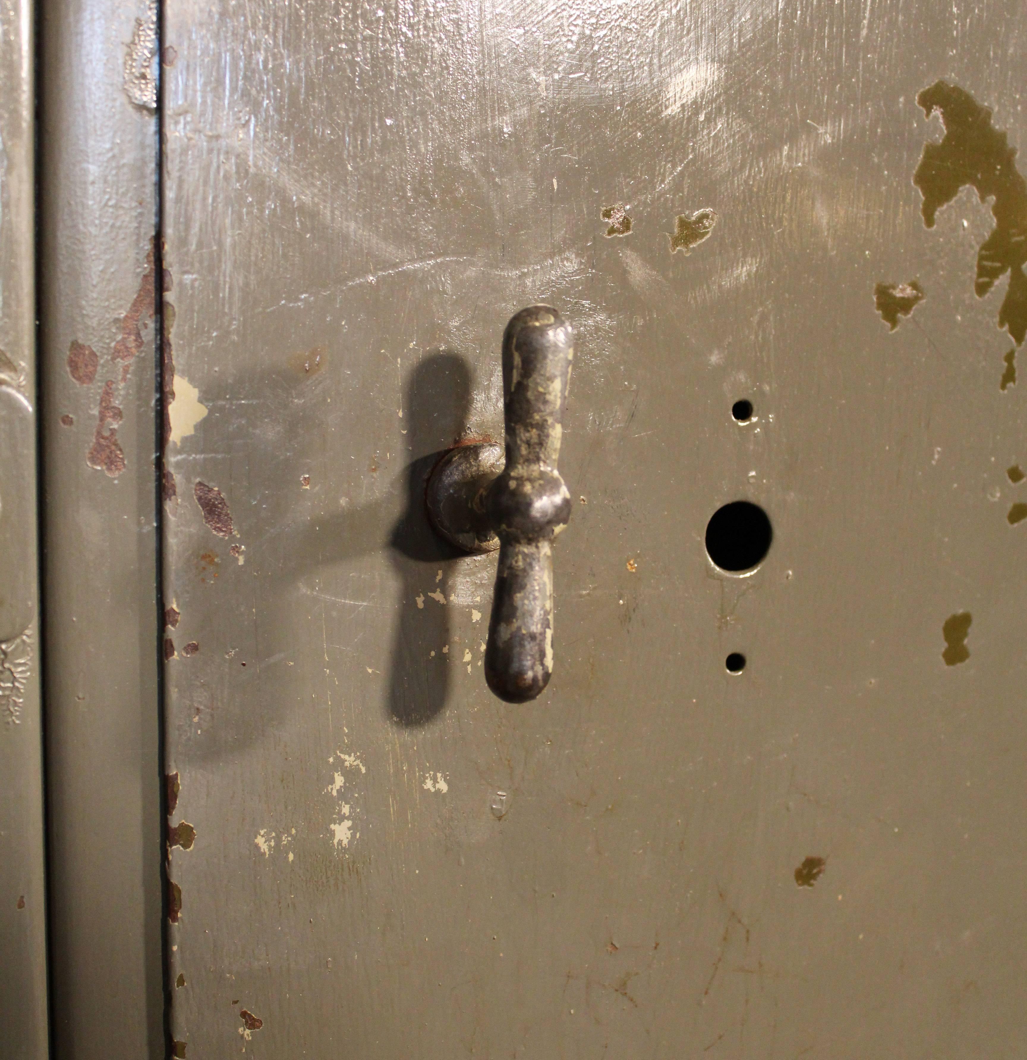 Vintage Pair of Lockers Distressed Set Oversized Steel Metal Storage Gym Sport In Distressed Condition In Oakville, CT