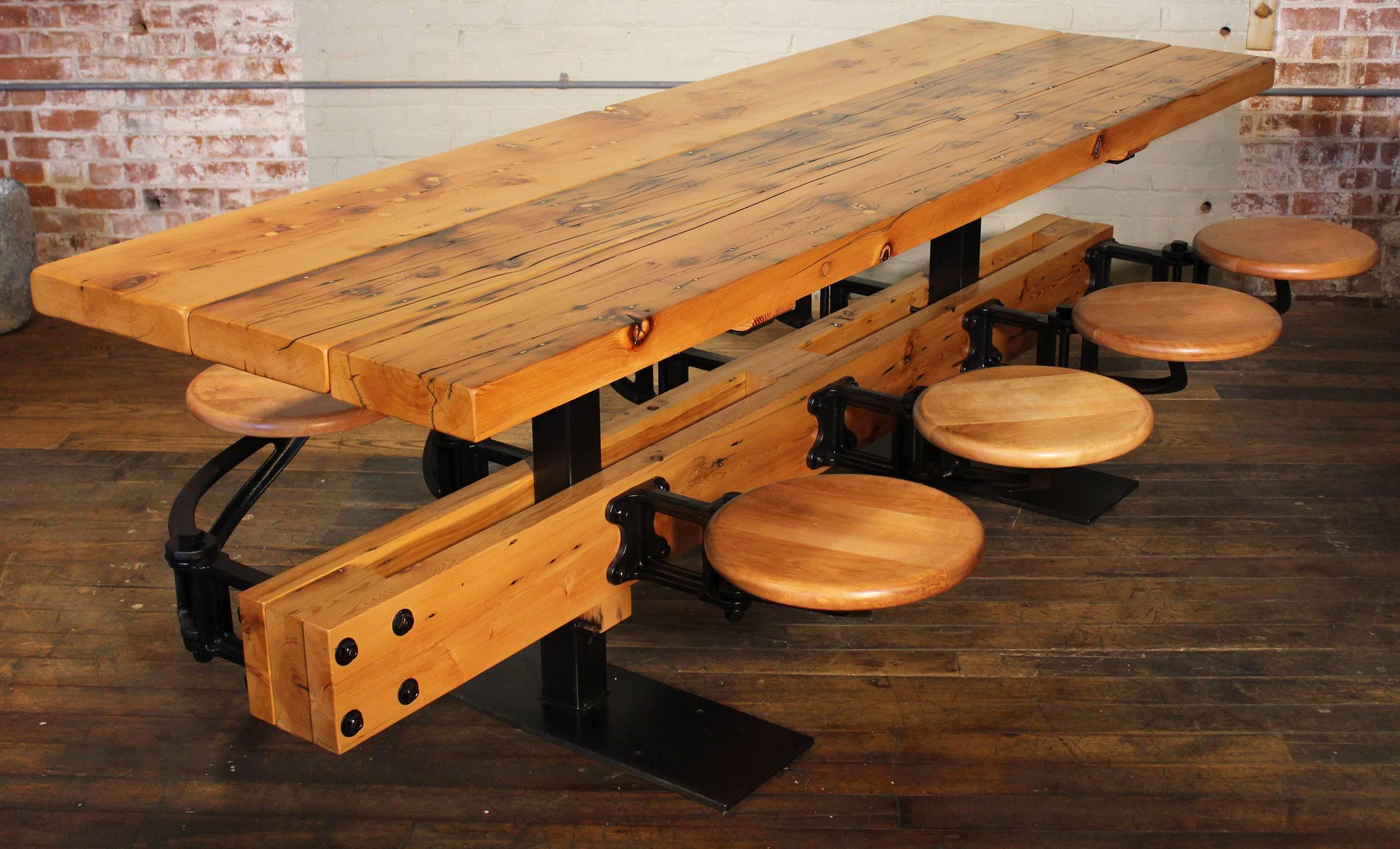 Modern Dining Table with Chairs, Reclaimed Wood and Cast Iron Eight-Seat Indoor Picnic For Sale