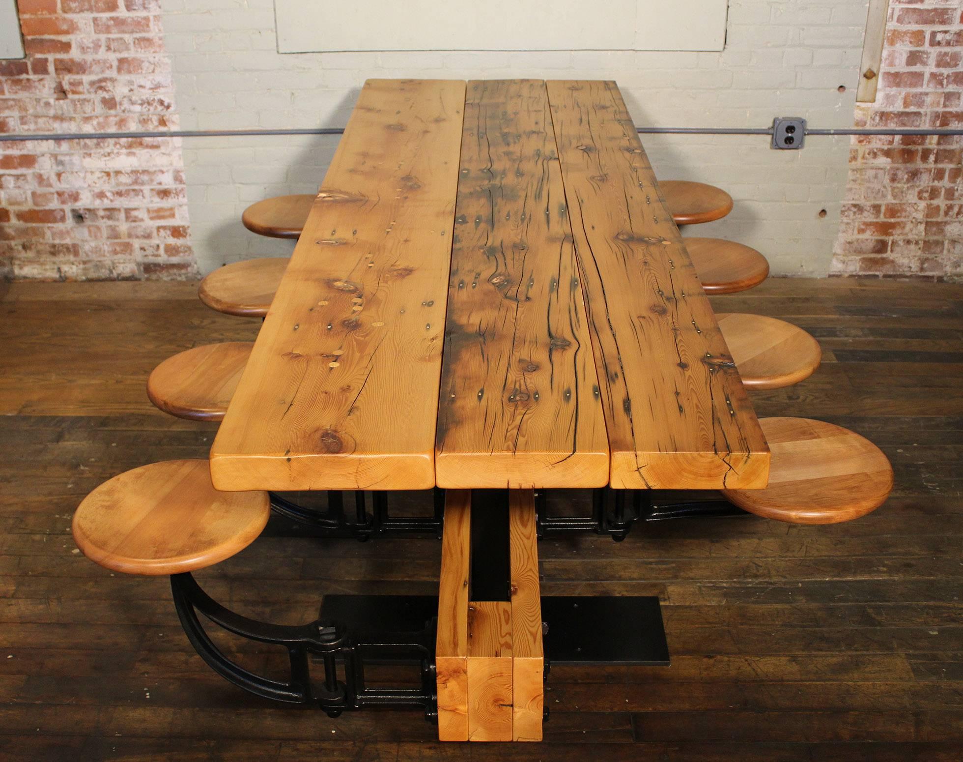 Dining Table with Chairs, Reclaimed Wood and Cast Iron Eight-Seat Indoor Picnic In Distressed Condition For Sale In Oakville, CT