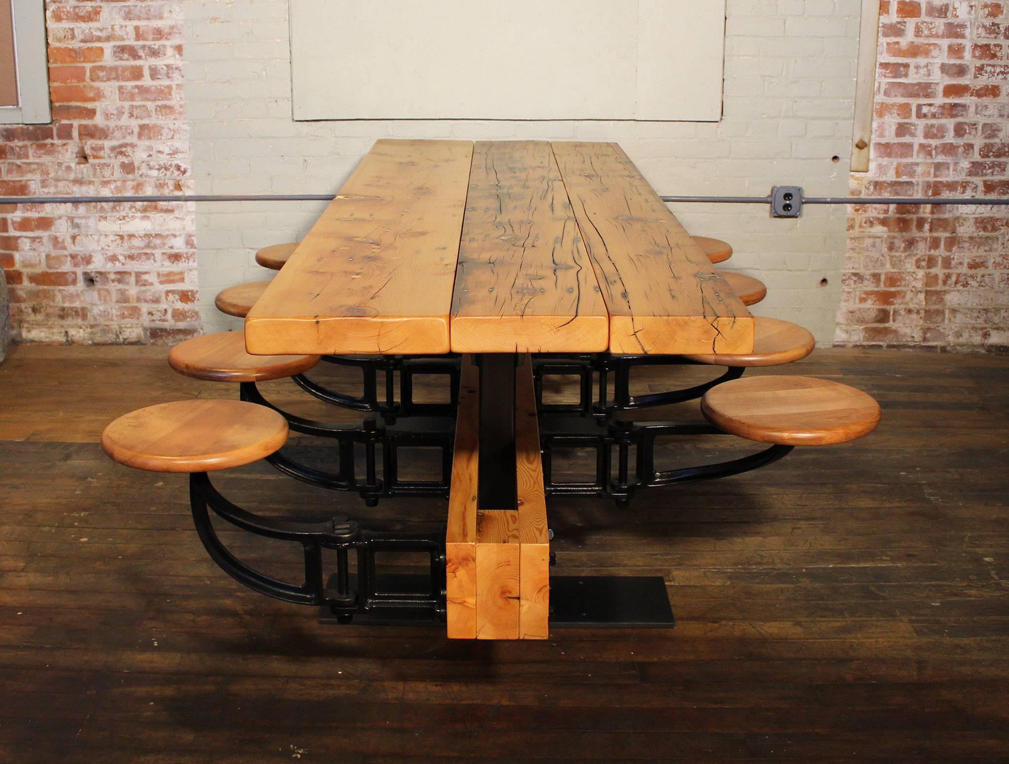 Contemporary Dining Table with Chairs, Reclaimed Wood and Cast Iron Eight-Seat Indoor Picnic For Sale