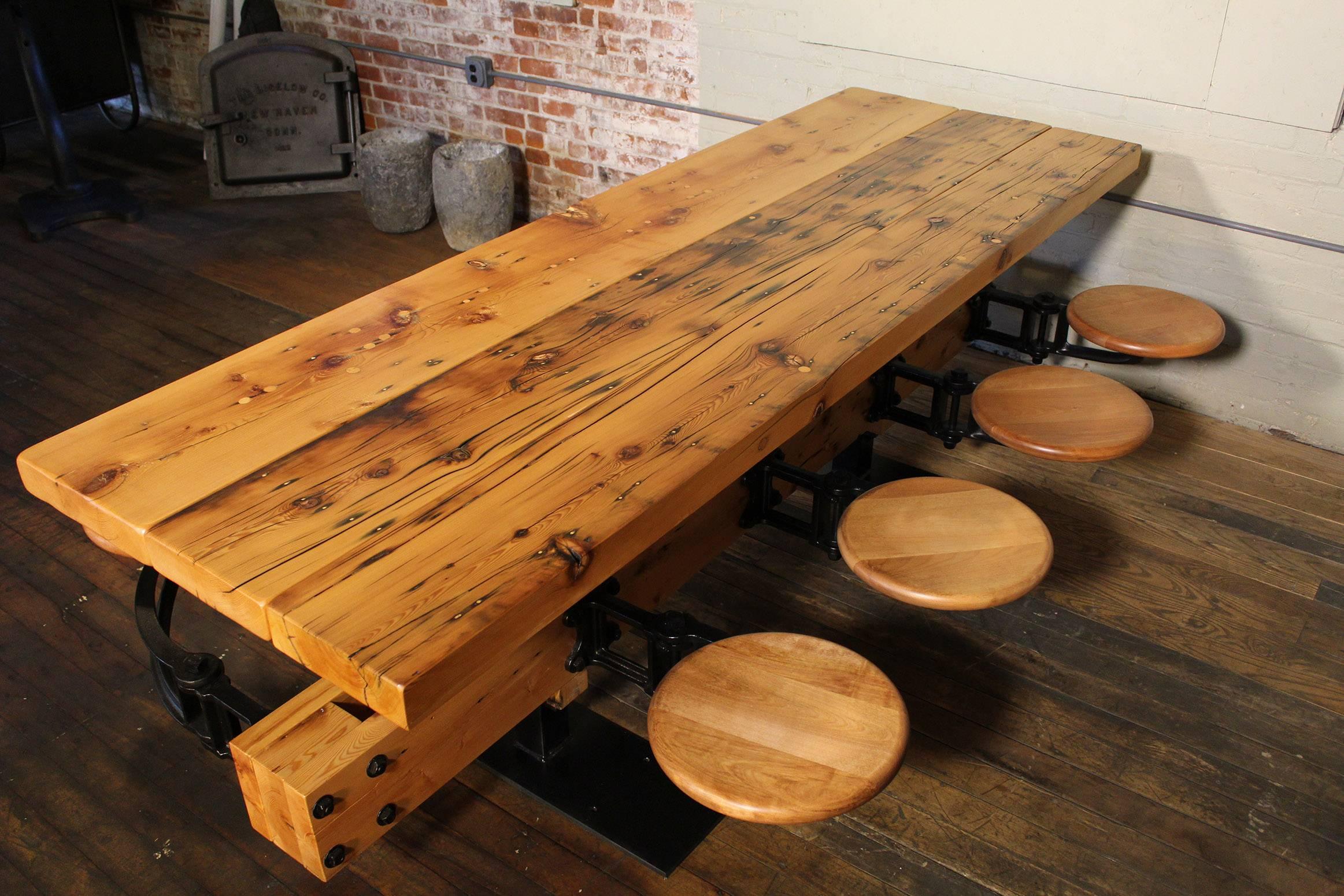 Steel Dining Table with Chairs, Reclaimed Wood and Cast Iron Eight-Seat Indoor Picnic For Sale