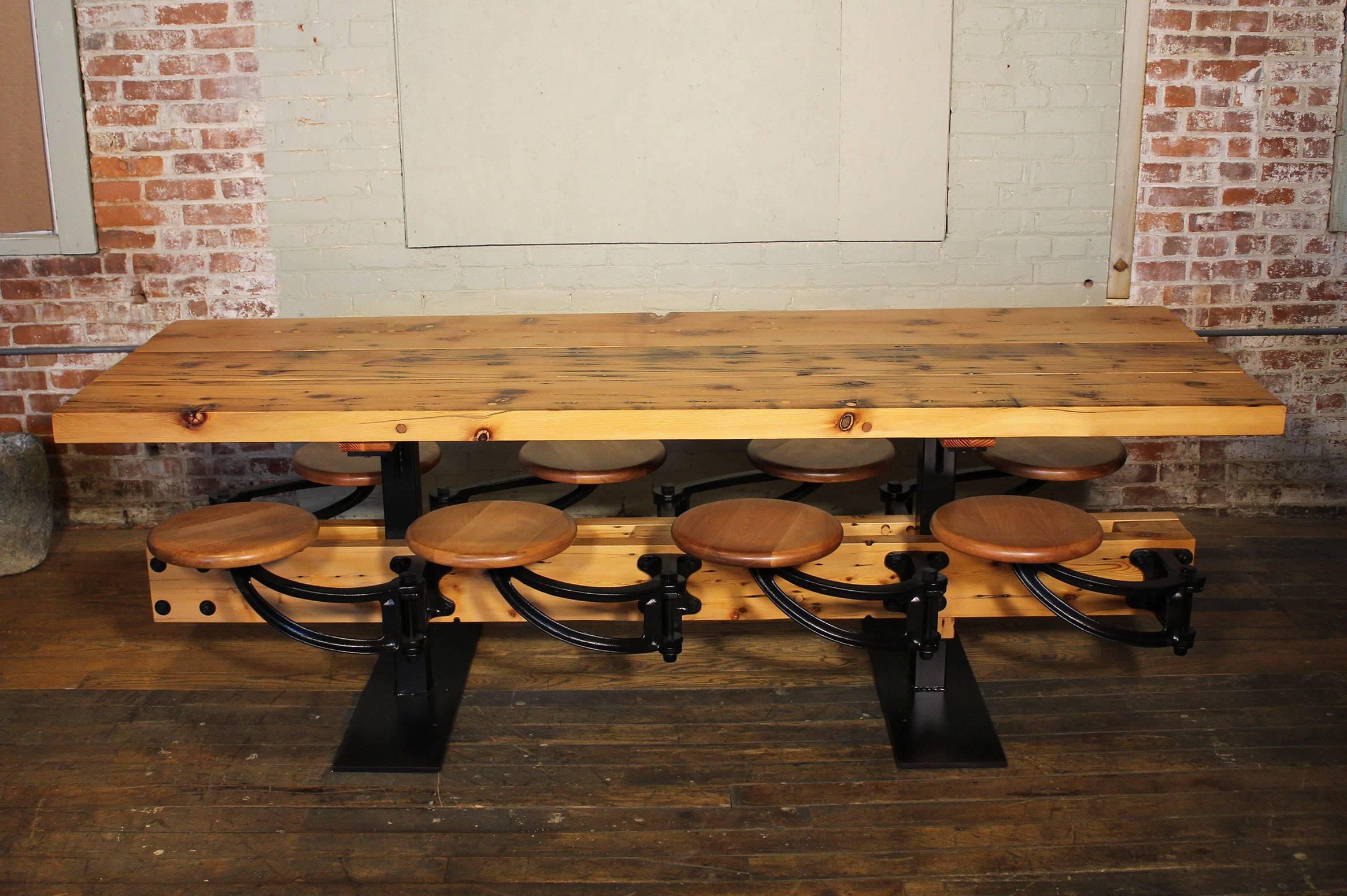 Dining Table with Chairs, Reclaimed Wood and Cast Iron Eight-Seat Indoor Picnic For Sale 1