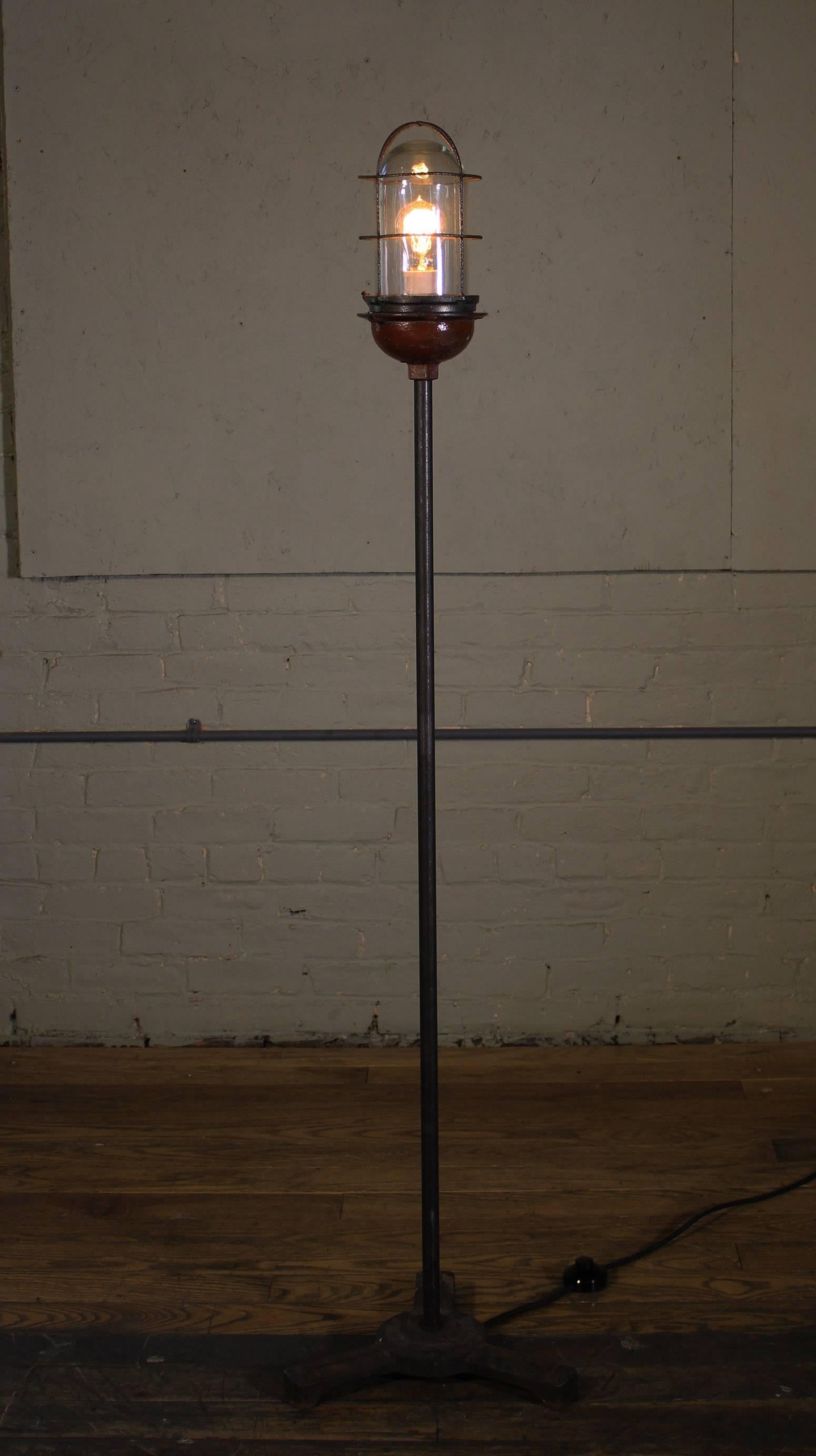 20th Century Ghost Light, Theater Stage Floor Lamp, Glass, Iron and Steel, Vintage Industrial