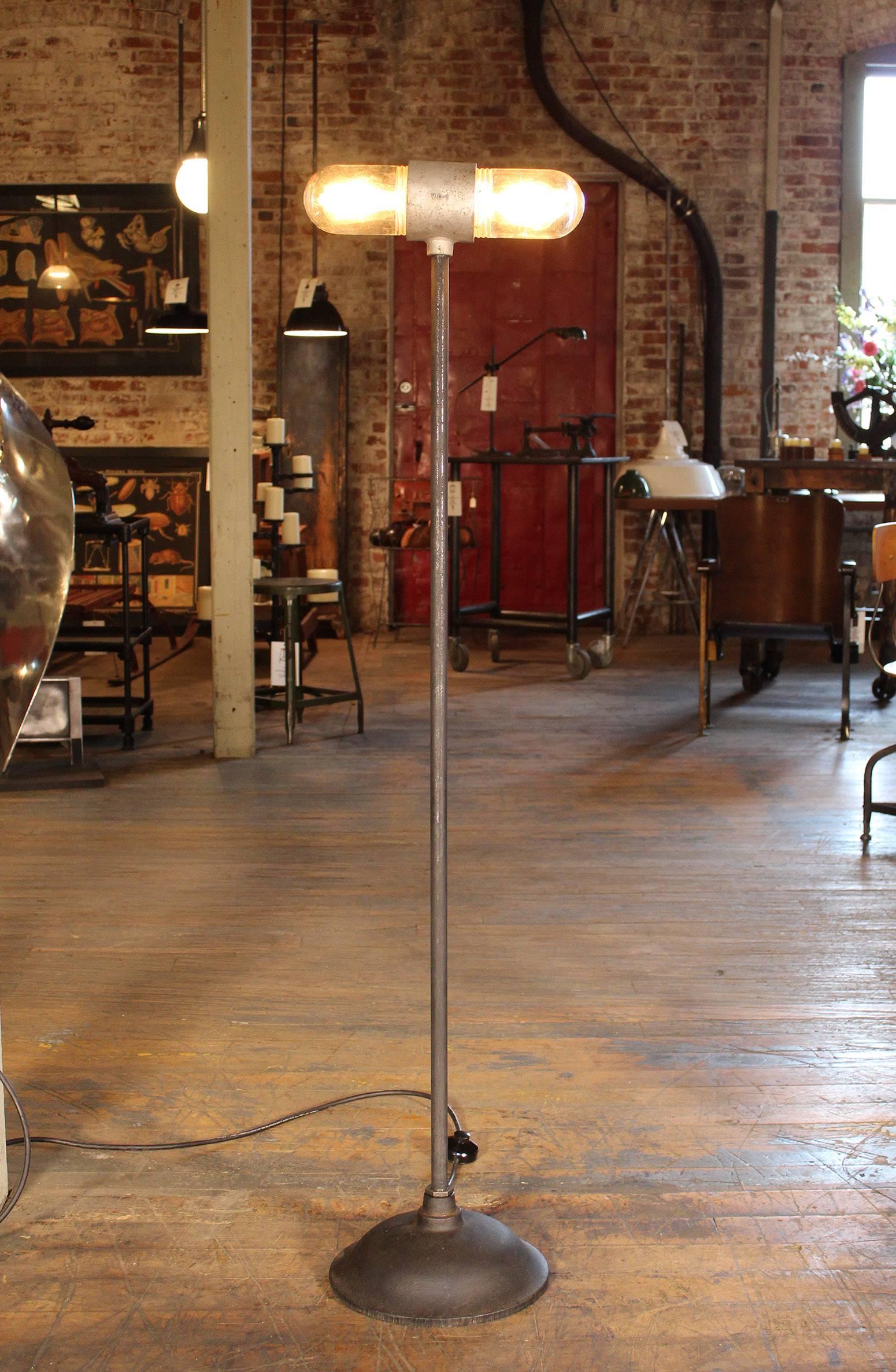 Industrial Stage Light, Ghost Floor Lamp, Cast Iron and Glass Two Headed Edison Bulbs
