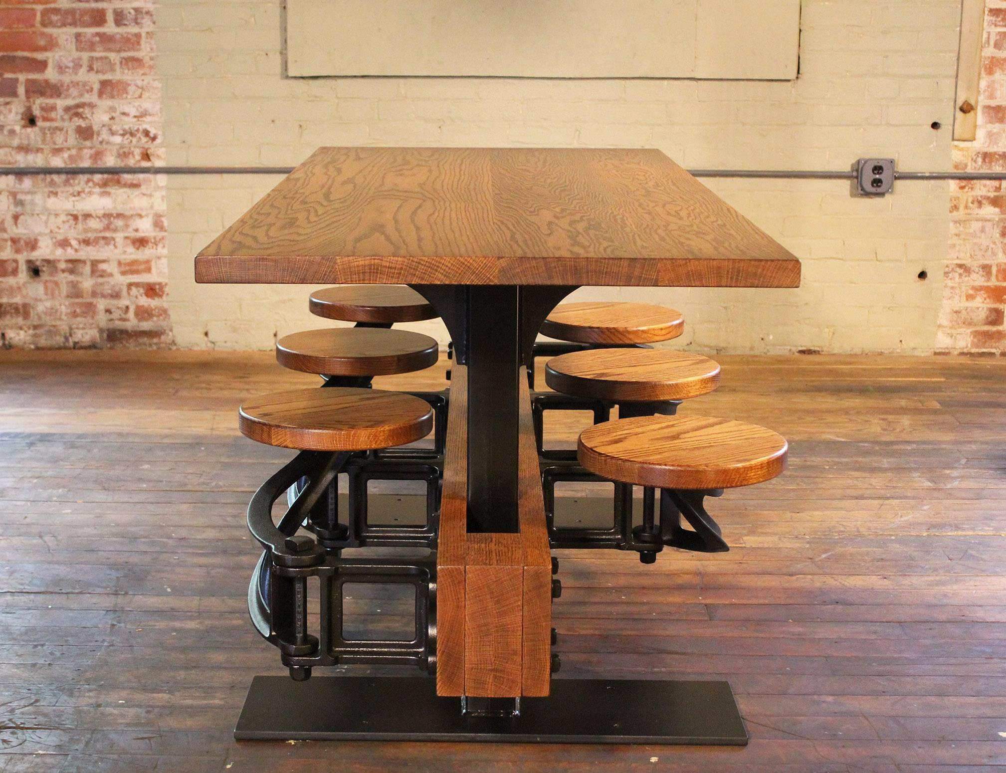 Vintage Industrial Mid-Century Modern style oak dining kitchen, breakfast table with built in attached cast iron swing out seats, chairs. Kitchen or breakfast table, cafe, cafeteria use. Can be made with different types of wood, or metal, glass top,