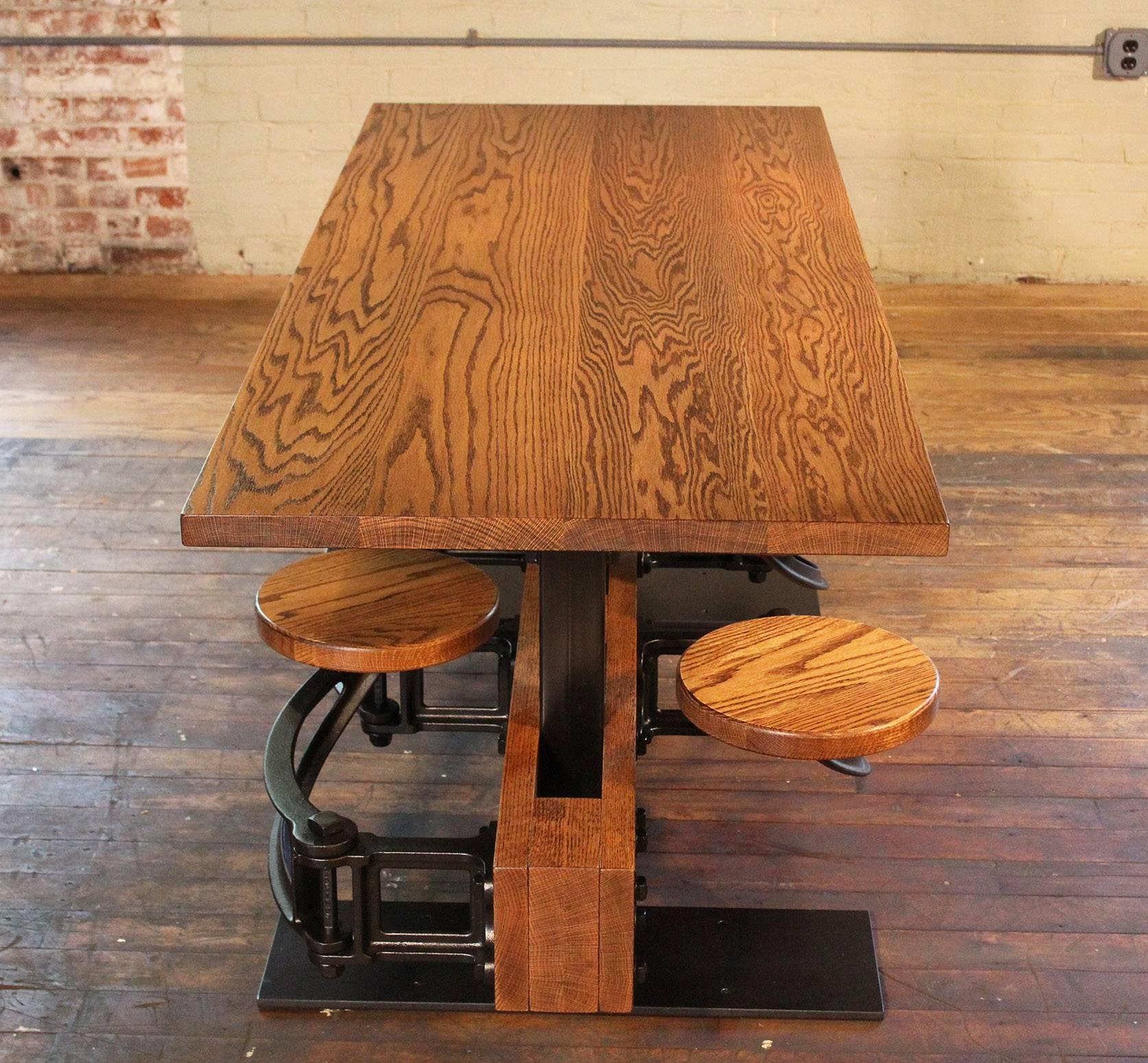 American Oak Cafe Style Dining Table with Attached Swing Out Seats For Sale