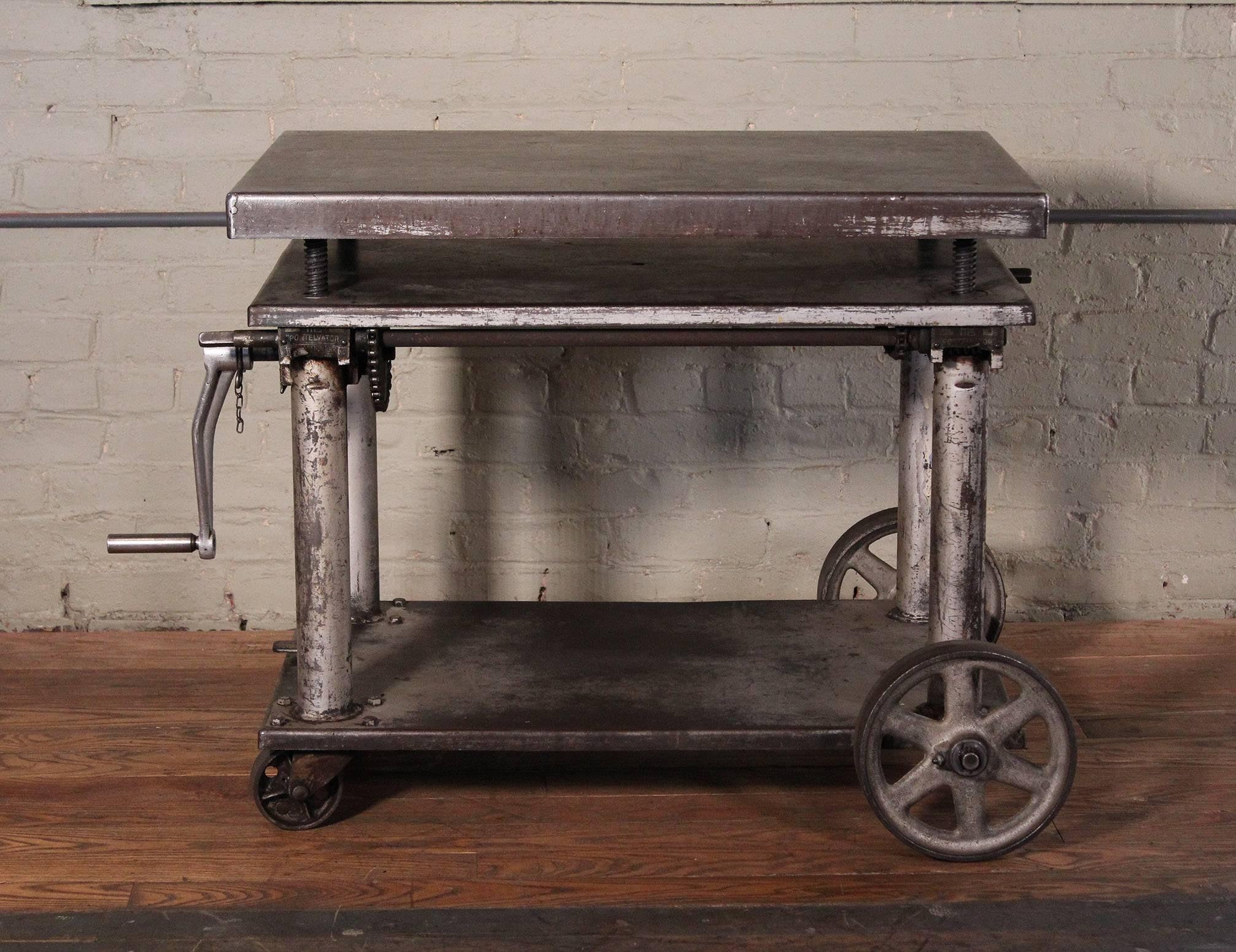 Cast Rolling Table, Lift Cart, Vintage Industrial Adjustable Steel Metal