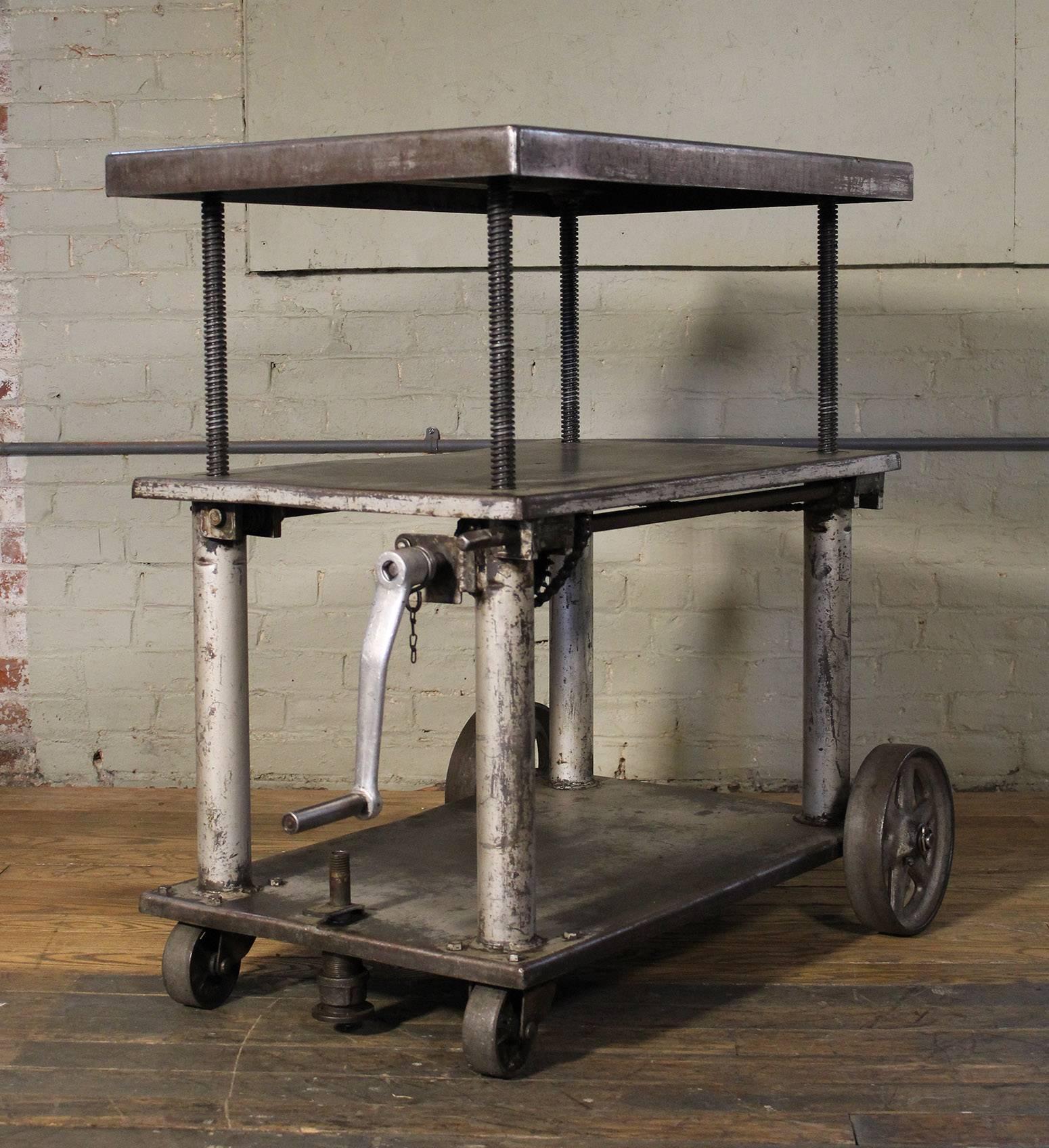 20th Century Rolling Table, Lift Cart, Vintage Industrial Adjustable Steel Metal