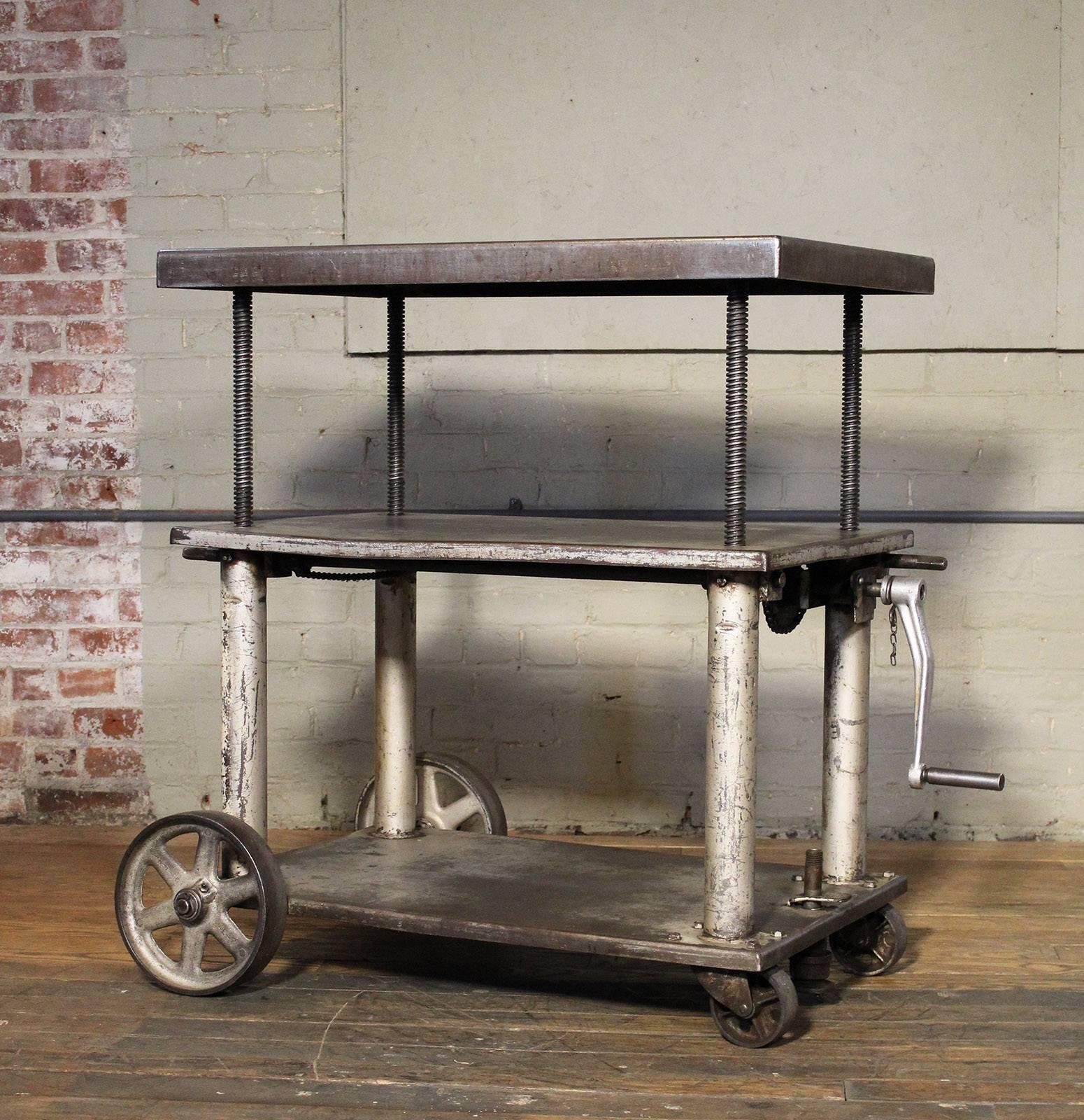 Rolling Table, Lift Cart, Vintage Industrial Adjustable Steel Metal 1
