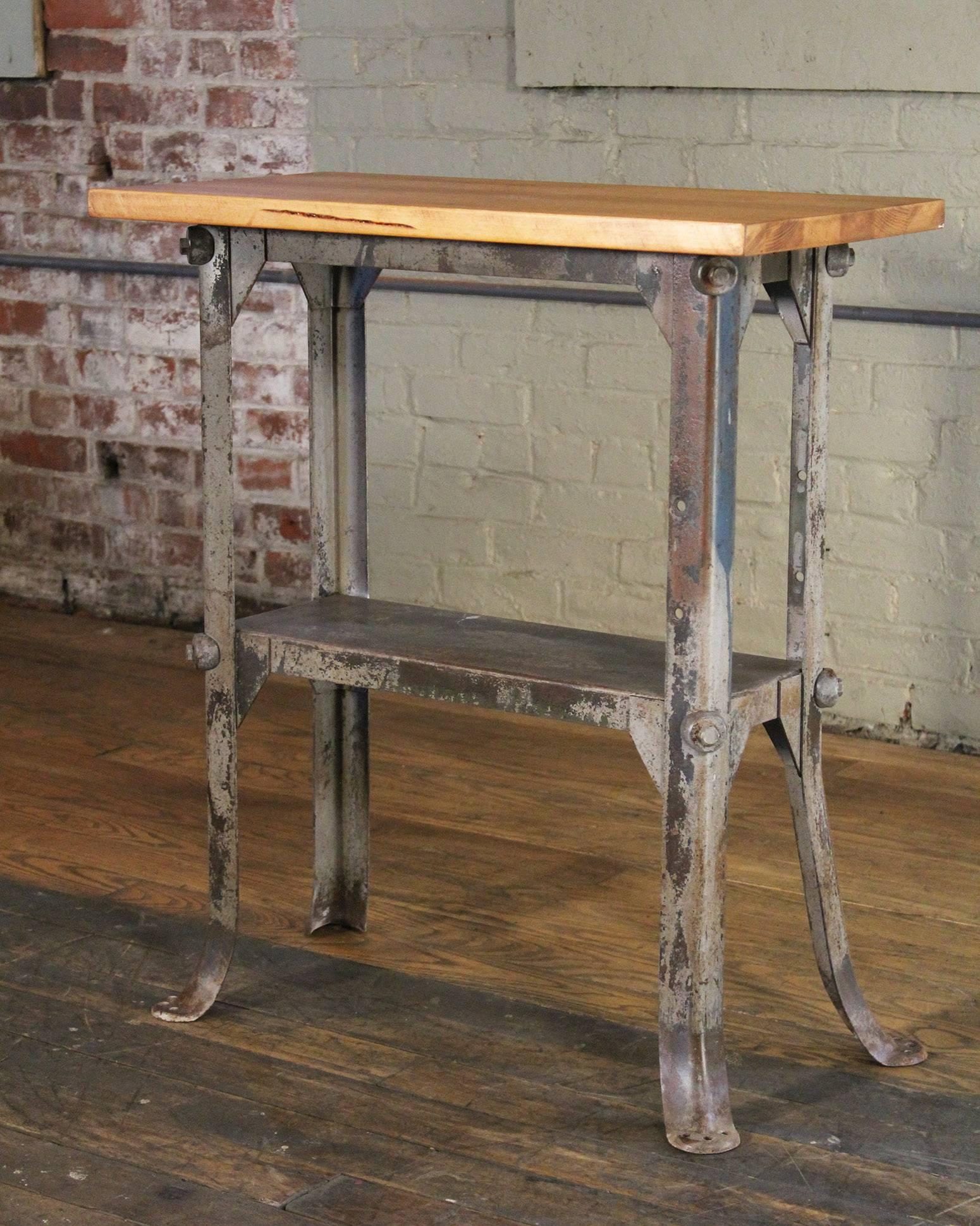 Side Table, Vintage Industrial Two-Tier Wood and Metal, Shelf Distressed Stand In Distressed Condition In Oakville, CT