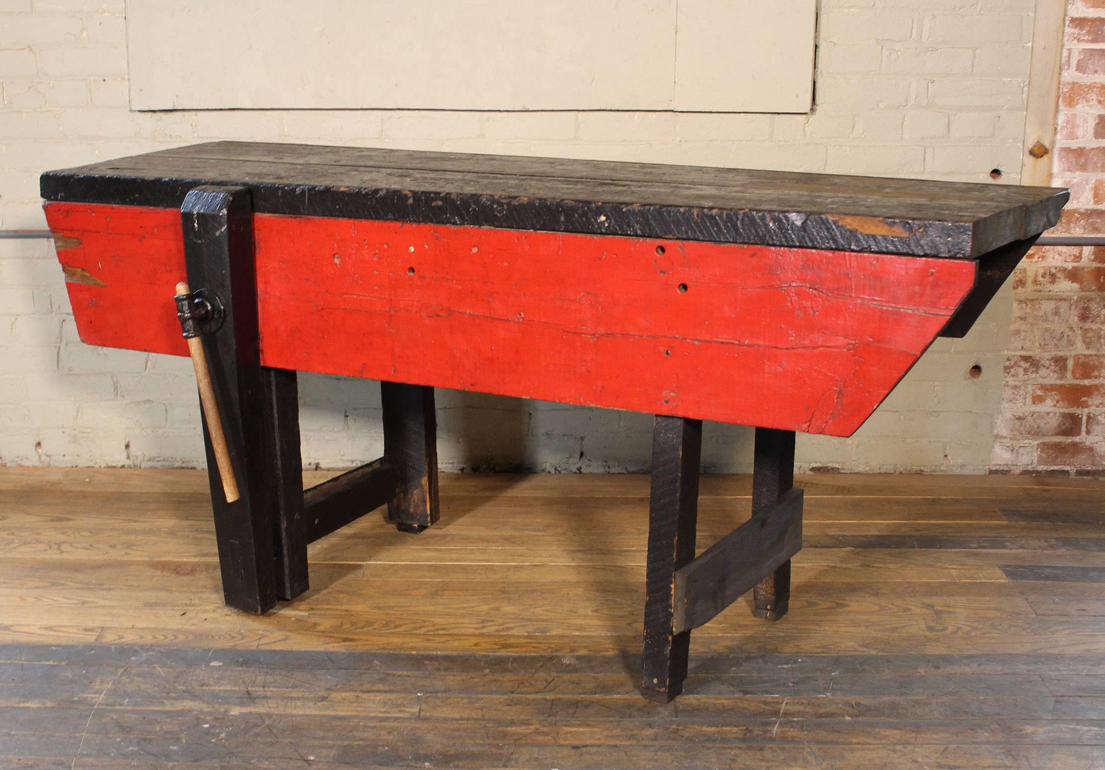 Vintage Industrial wooden carpenter's workbench, table with distressed paint and clamp vise that opens to 8