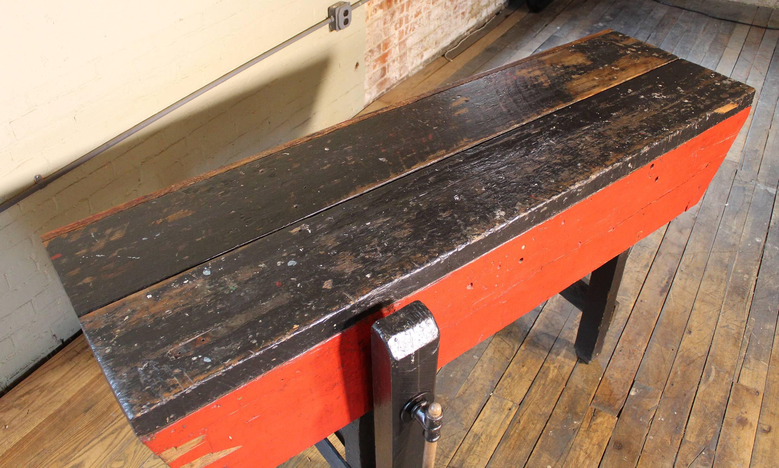 American Workbench Carpenter's Table, Distressed Wood Vintage Bench Retail Display