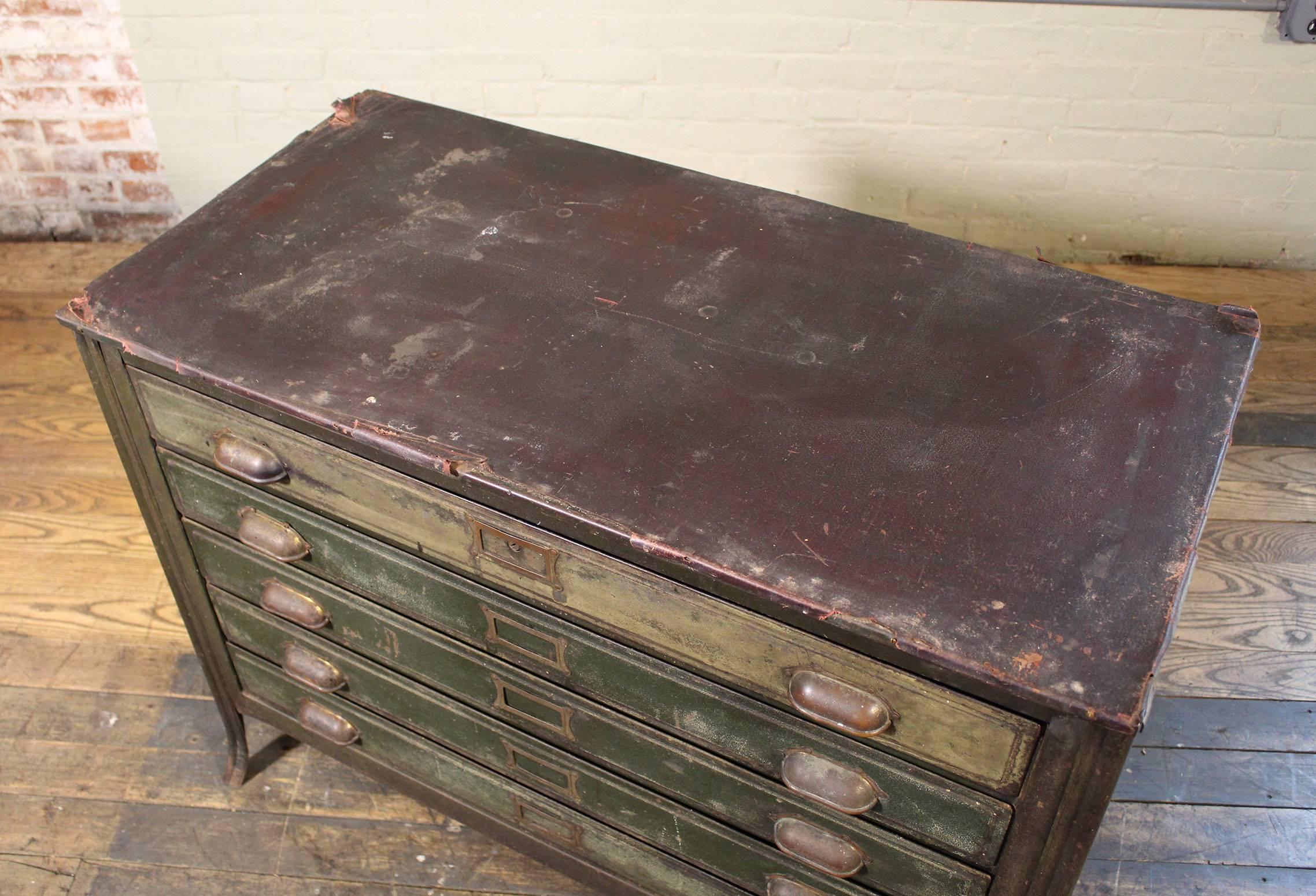 Metal Lateral File Storage Cabinet Vintage Industrial Table Worn Leather Top In Distressed Condition In Oakville, CT