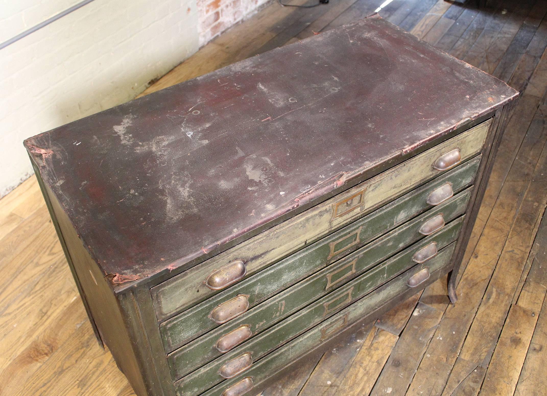 20th Century Metal Lateral File Storage Cabinet Vintage Industrial Table Worn Leather Top