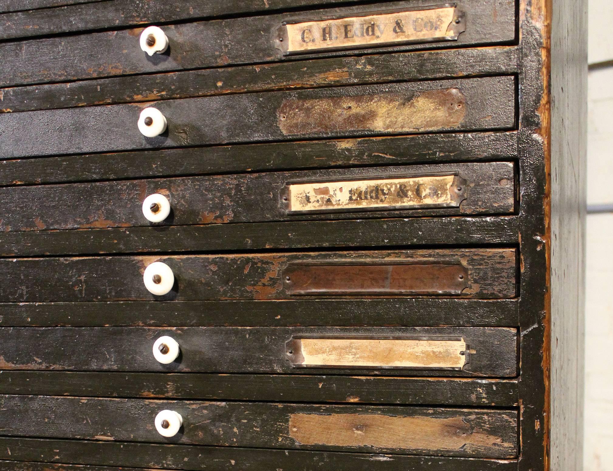 Wooden Flat File Storage Cabinet Vintage Industrial Multi-Drawer Distressed In Distressed Condition In Oakville, CT