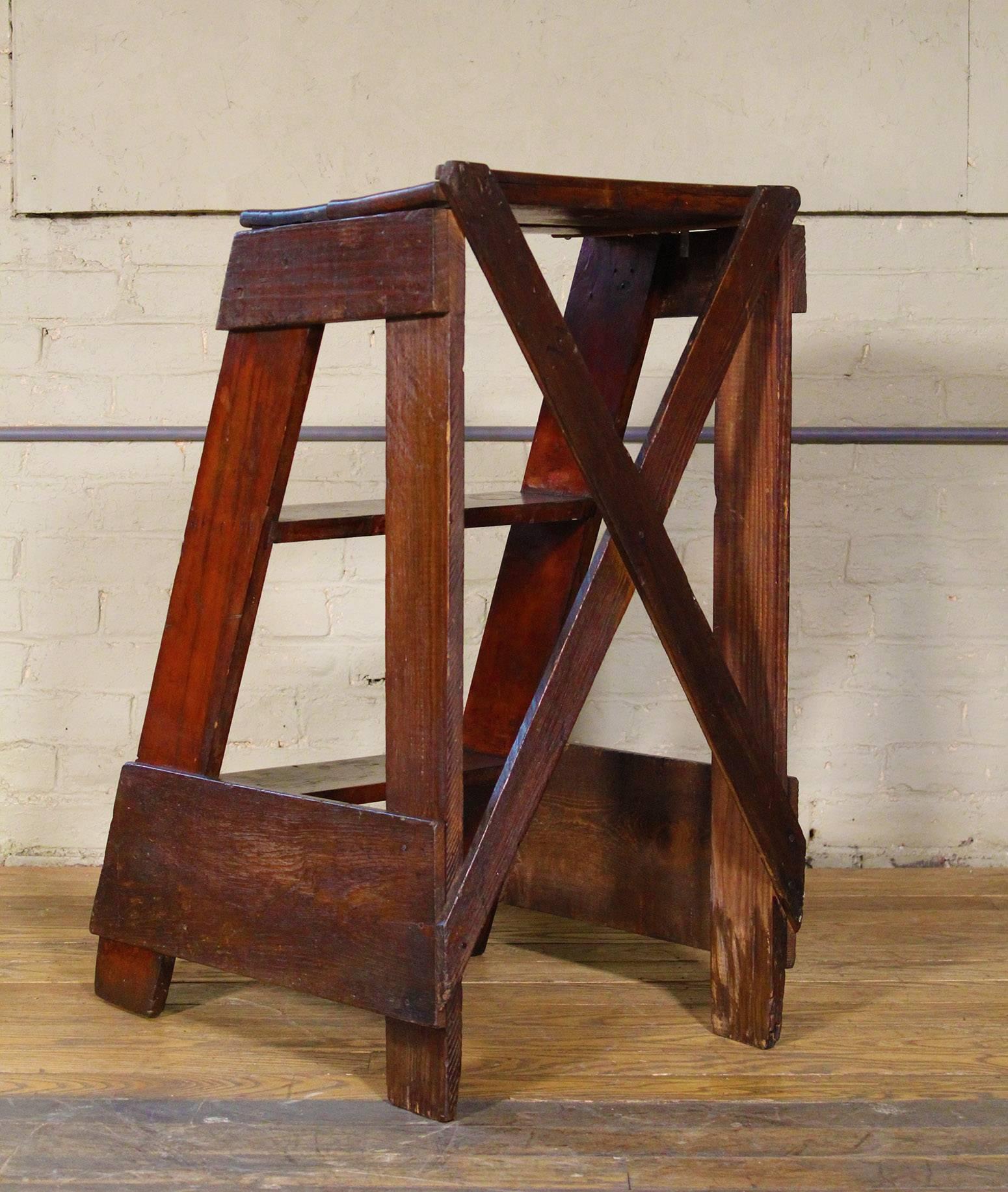 American Wooden Step Ladder Vintage Antique Moveable Wood Factory Shop Ladder Stairs