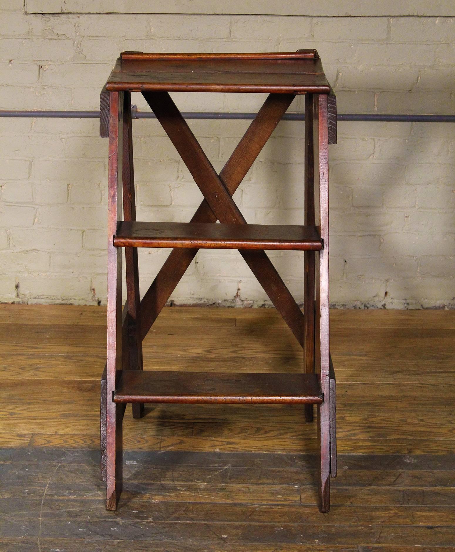Wooden Step Ladder Vintage Antique Moveable Wood Factory Shop Ladder Stairs 1